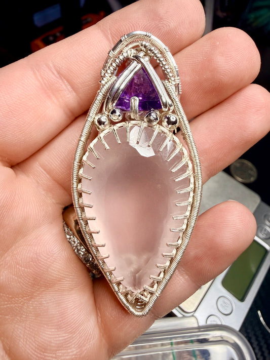 11VDS) Rose Quartz & Amethyst Pendant in Sterling Silver Large