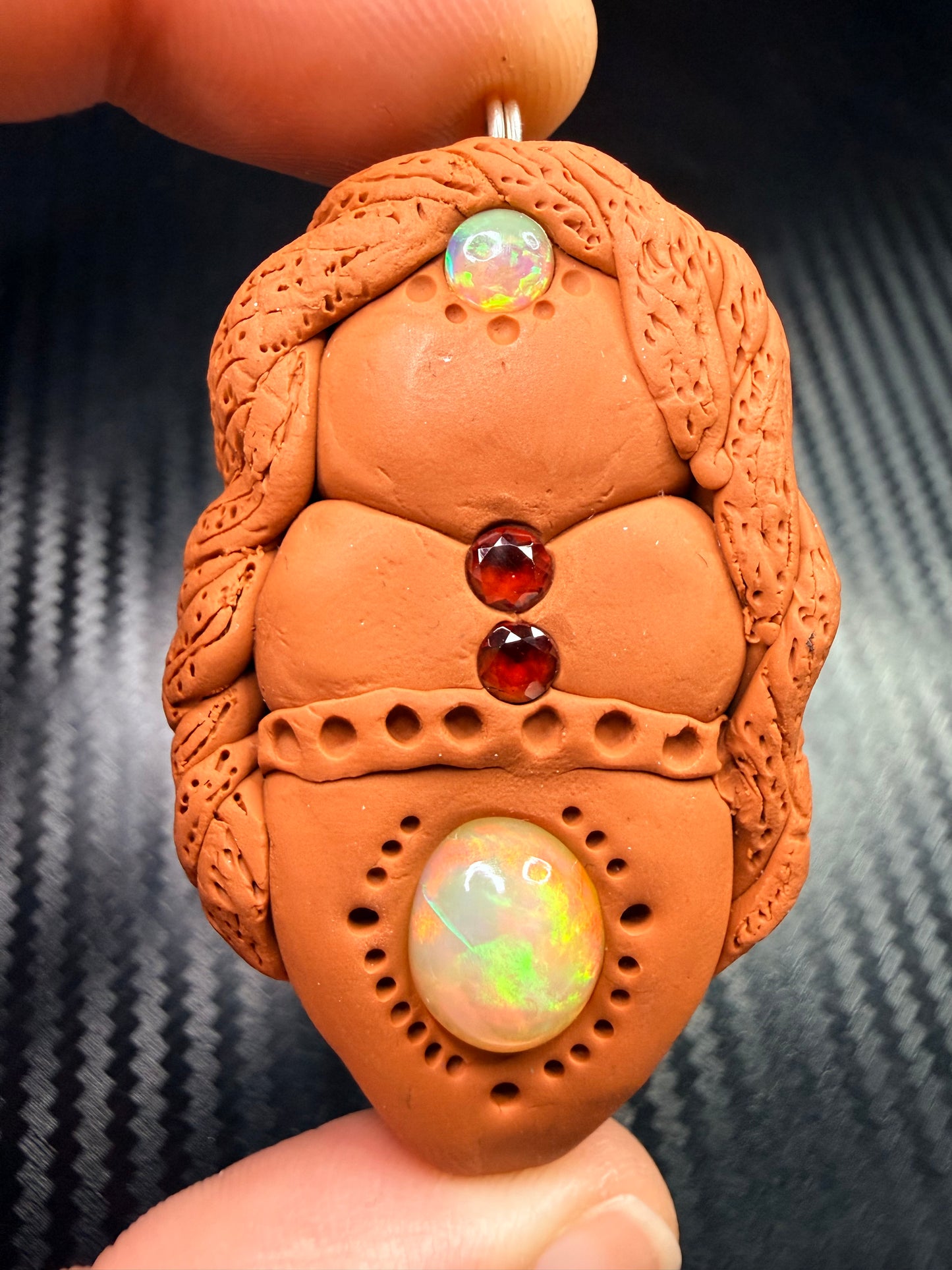 Goddess Talisman Necklace | Opal & Garnet Crystal Pendant | Divine Feminine Jewelry | Handmade Clay Spiritual Amulet | Passion & Heart Energy
