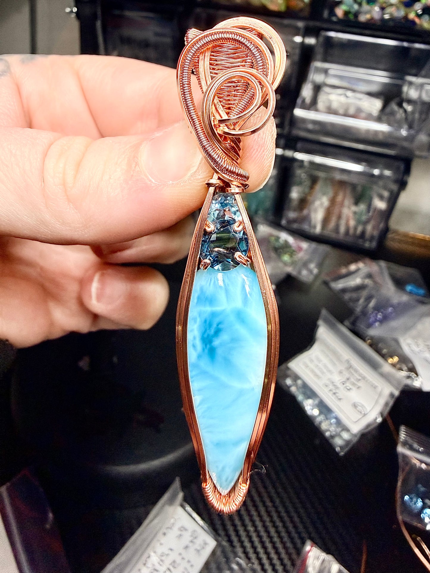 Larimar Pendant In Copper With London Blue Topaz & Sky Blue Topaz Accents