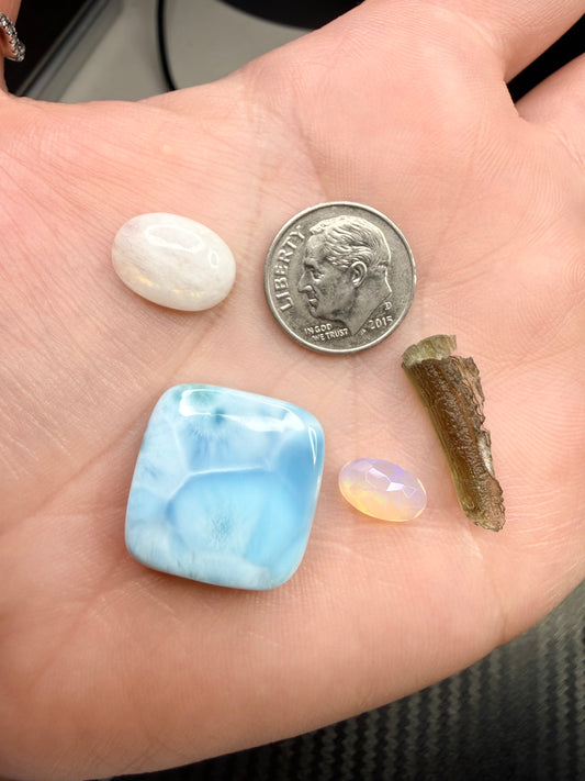 4 Piece Crystal Bundle – Moldavite, Larimar, Moonstone & Opal Set, Spiritual Healing Stones, Intuitive Gemstone Collection