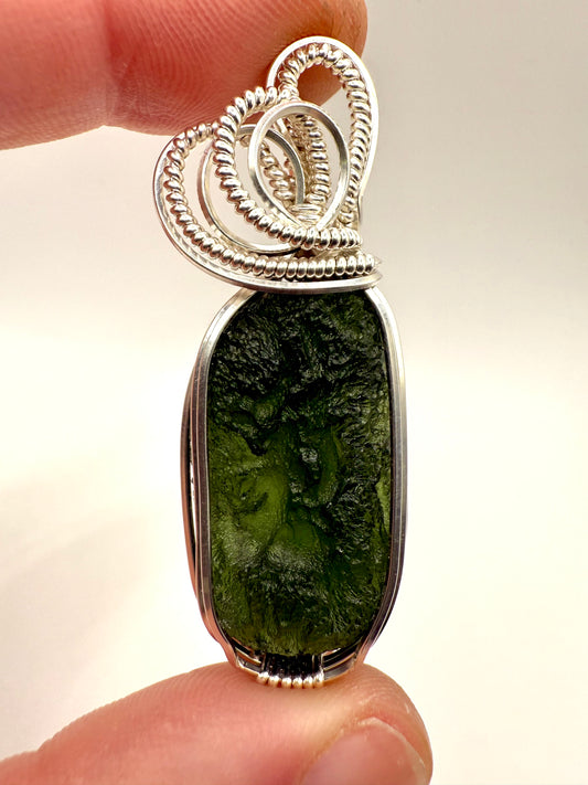 P112) Moldavite Pendant Necklace In Sterling Silver