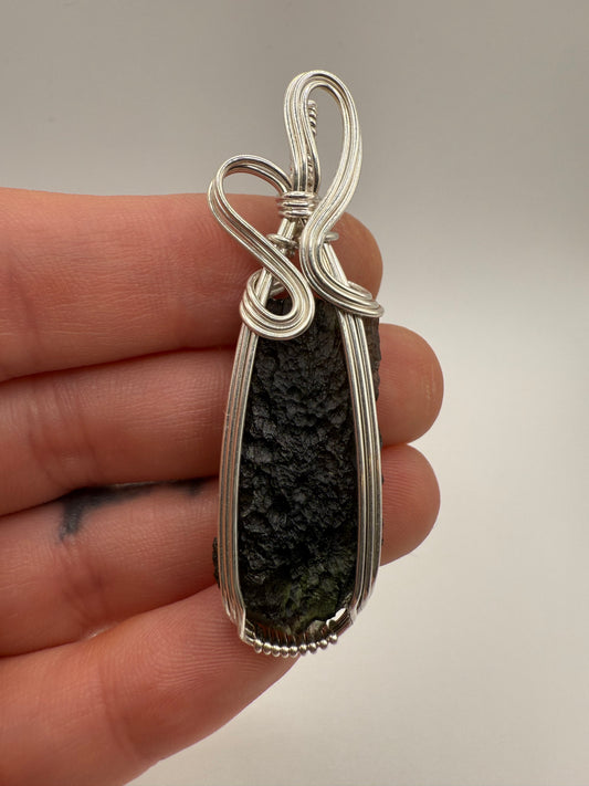P112) Moldavite Pendant Necklace In Sterling Silver