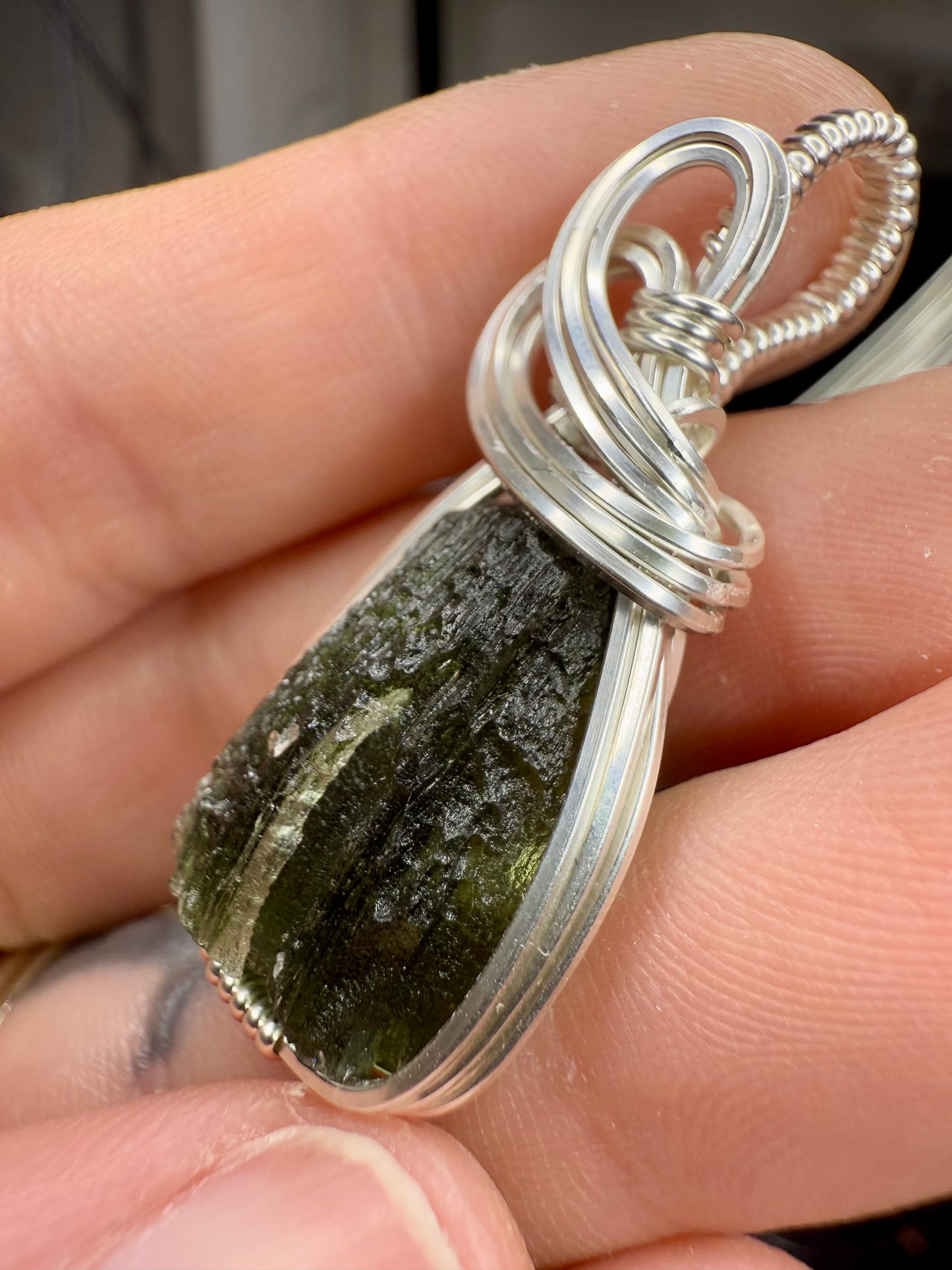 B112) Moldavite Pendant Necklace in Sterling Silver