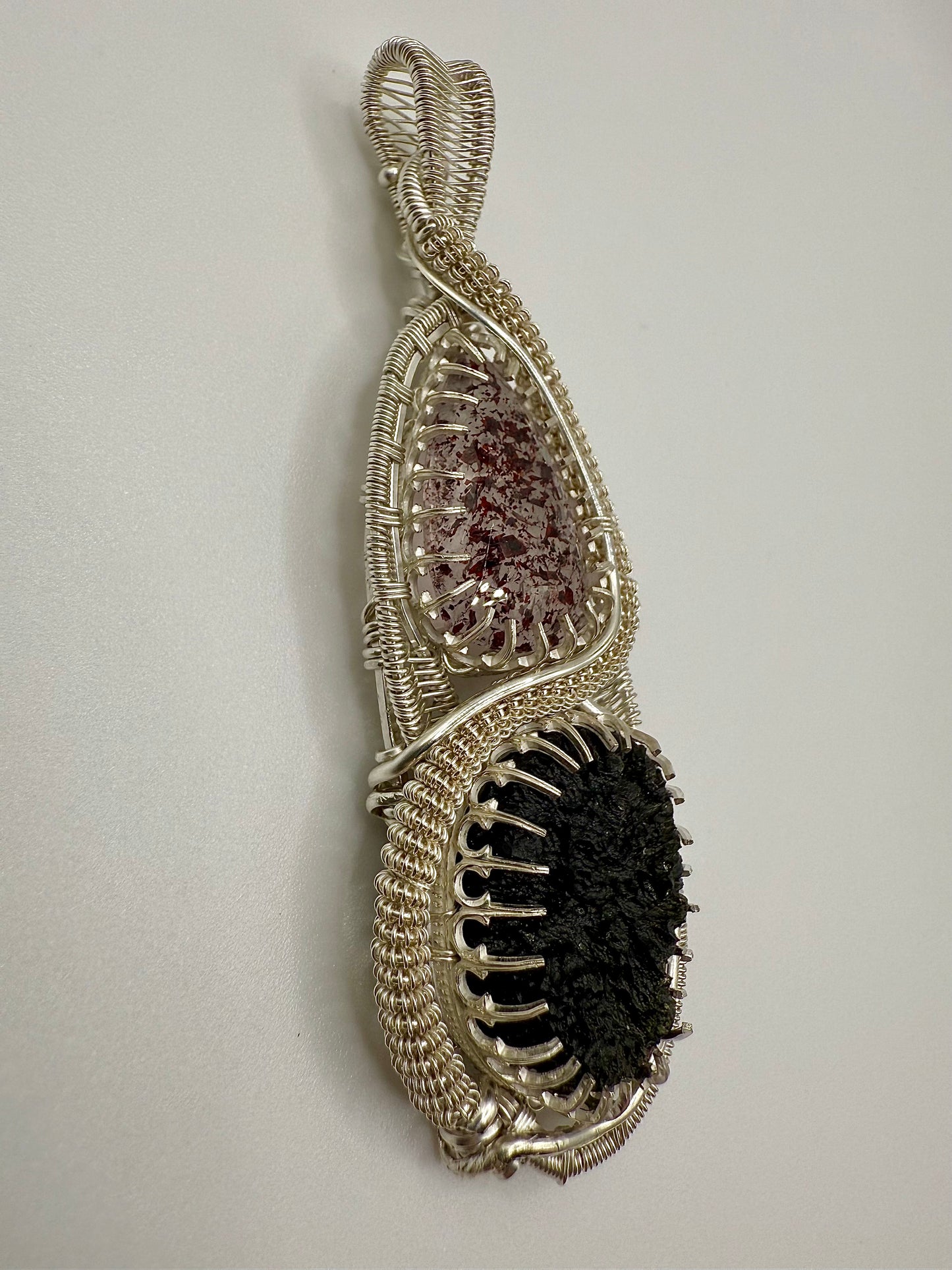 GG33) Large Moldavite & Super 7 Pendant Necklace In Sterling Silver