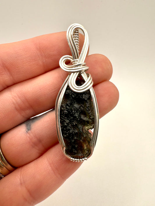 P112) Moldavite Pendant Necklace In Sterling Silver