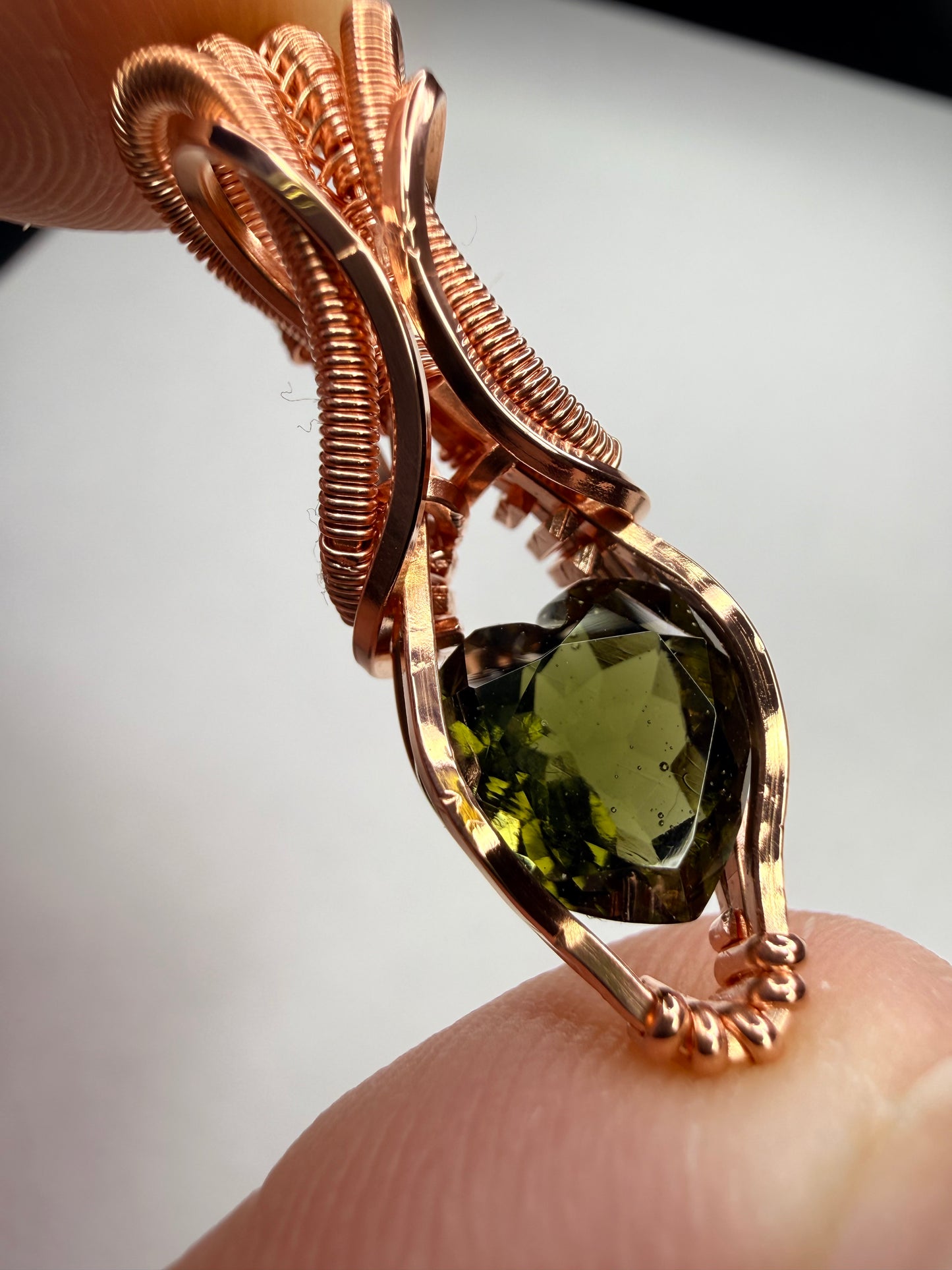 Moldavite Heart Faceted Pendant In Copper