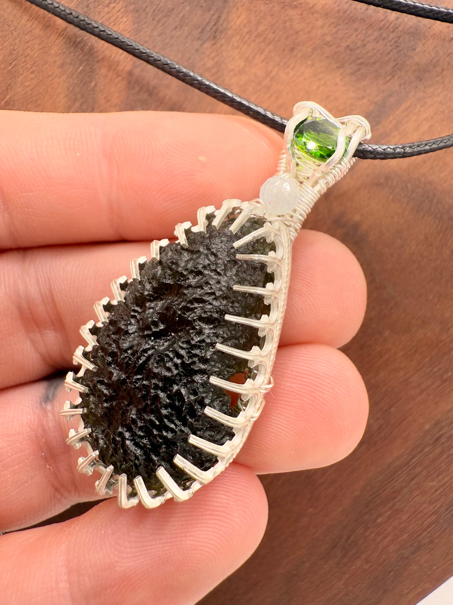 C112) Moldavite, Chrome Diopside, Aquamarine Bead, Pendant Necklace In Sterling Silver