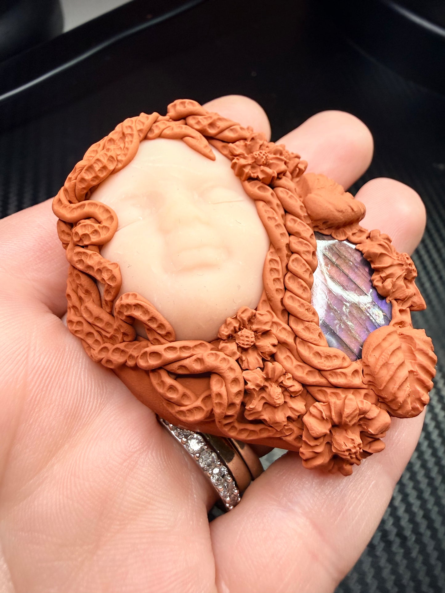 Labradorite Portal Mirror Talisman | Psychic Protection Amulet | Handmade Clay Spiritual Necklace | Third Eye Awakening | Mystical Energy Jewelry