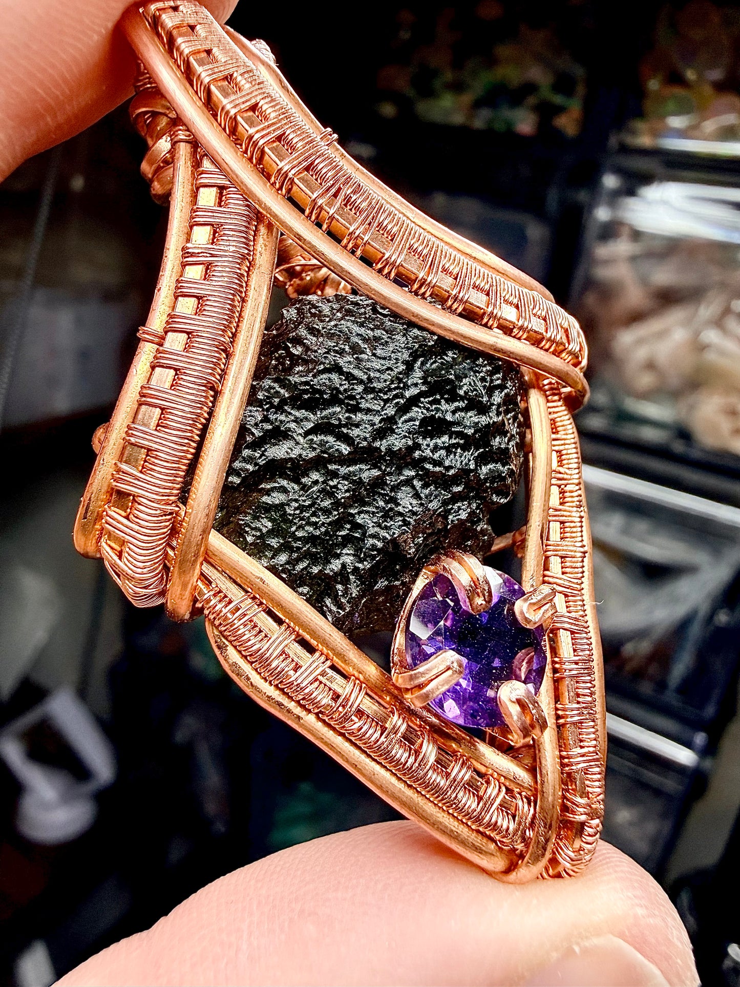 1MSS) Moldavite & Amethyst Pendant In Copper
