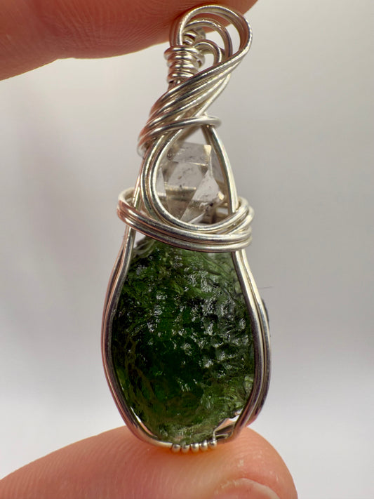 C11) Chlum Moldavite & Herkimer Diamond Pendant Necklace In Sterling Silver