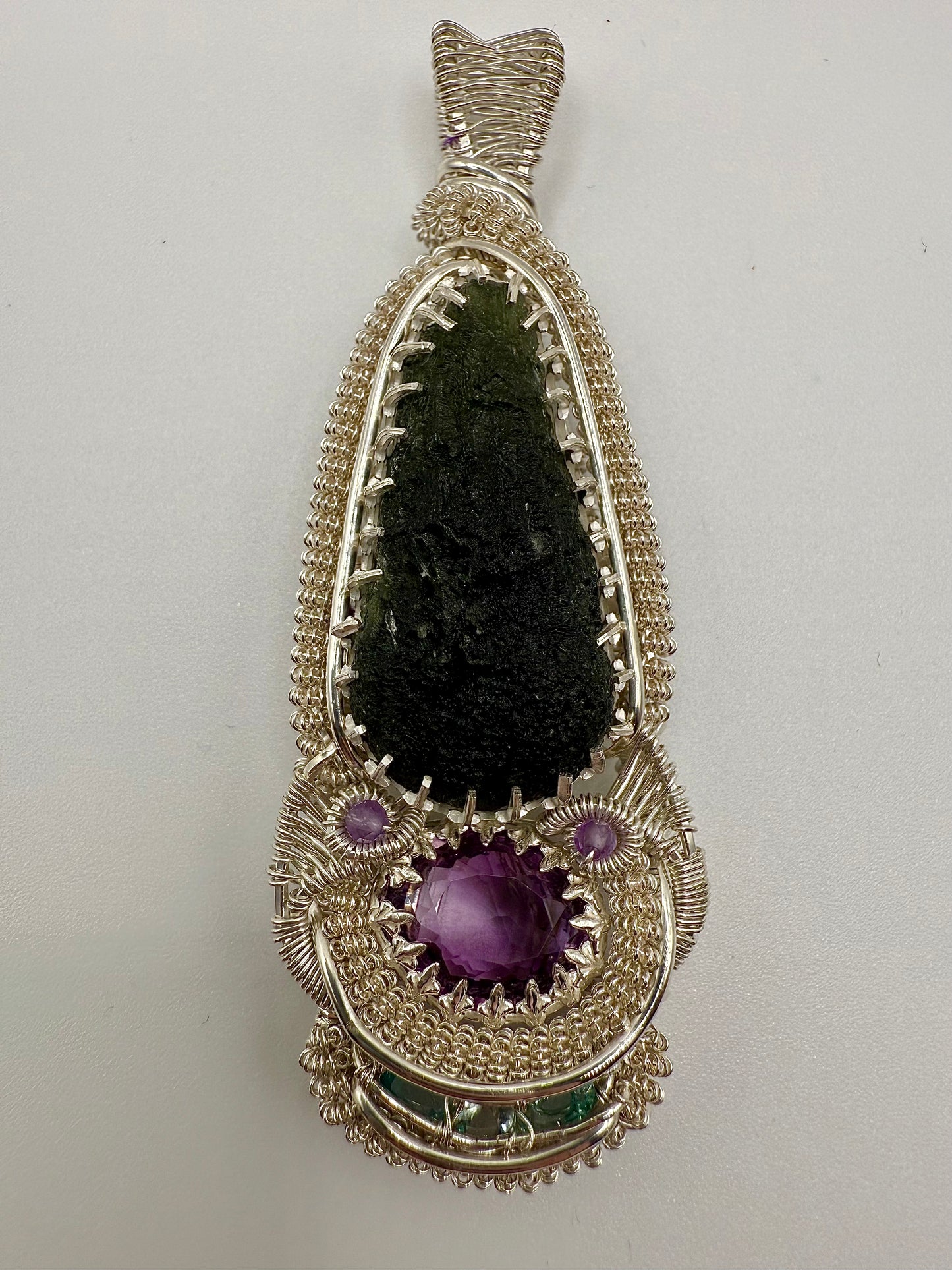 GG33) Large Moldavite, Amethyst, Aquamarine, & Blue Apatite Pendant Necklace In Sterling Silver