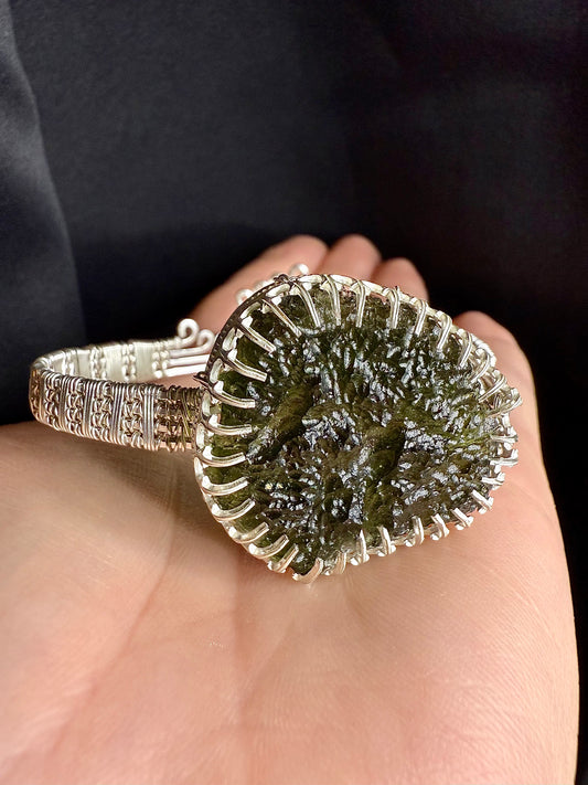 F112) Large Moldavite Bracelet In Sterling Silver