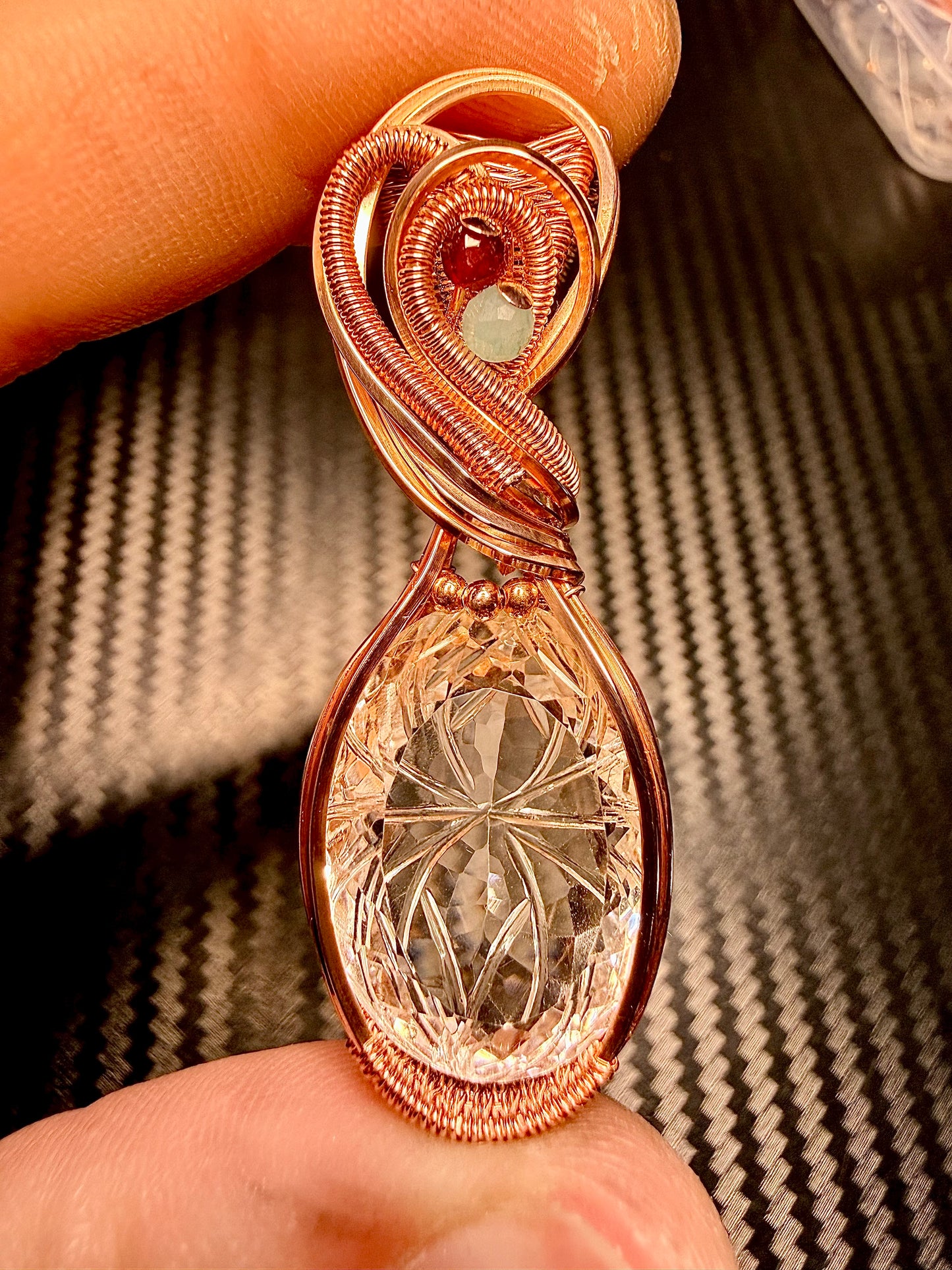 Carved Himalayan Quartz with Red Garnet & Amazonite accents in polished Copper. Himalayan Quartz weight 28.35 carats.