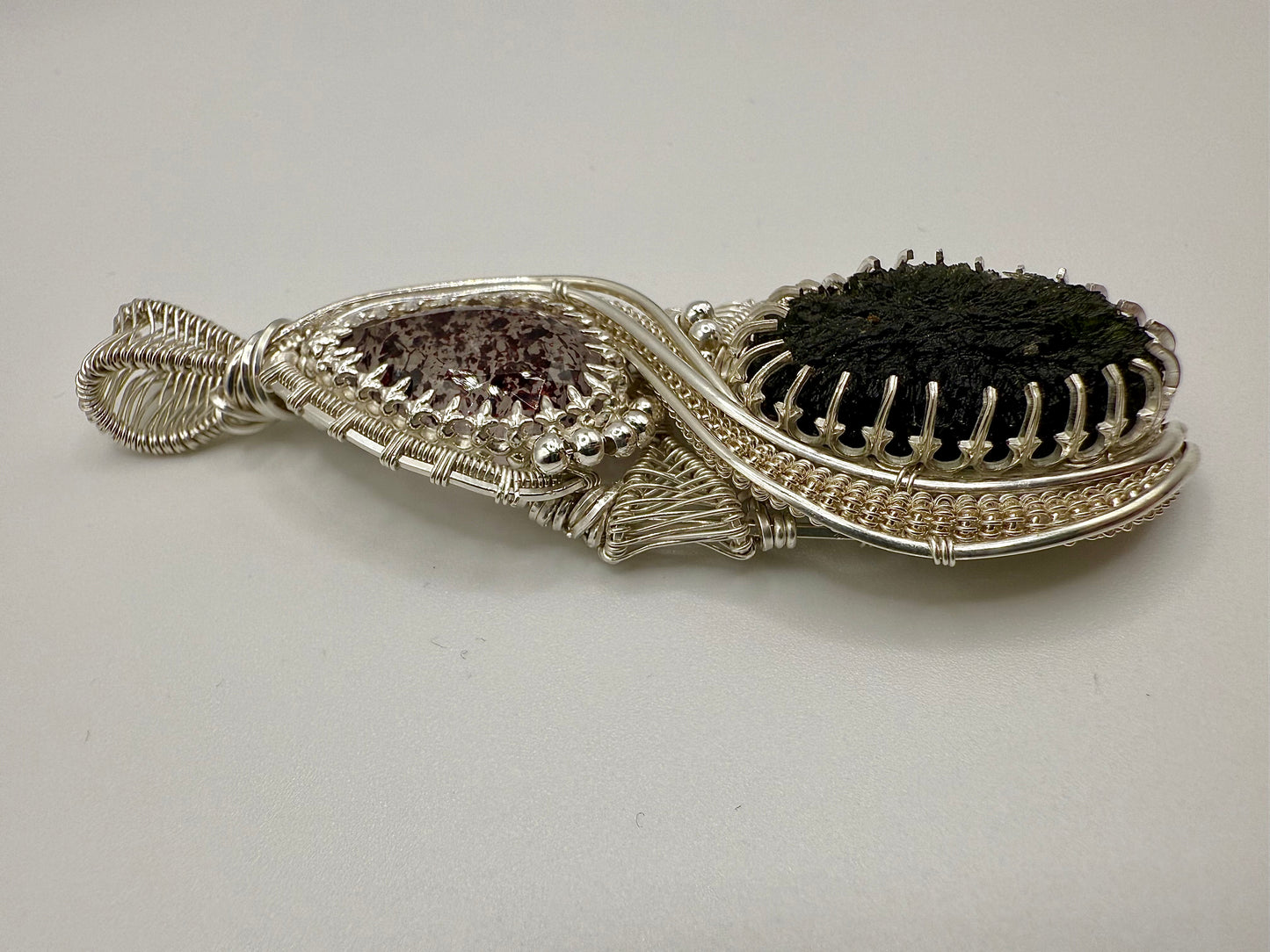 GG33) Large Moldavite & Super 7 Pendant NecklaceIn Sterling Silver