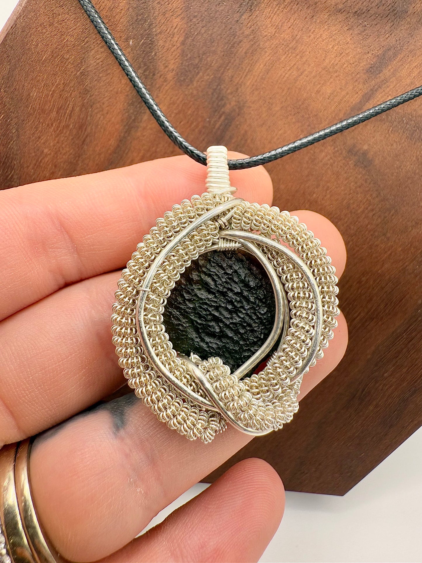 C11) Moldavite Pendant Necklace In Sterling Silver