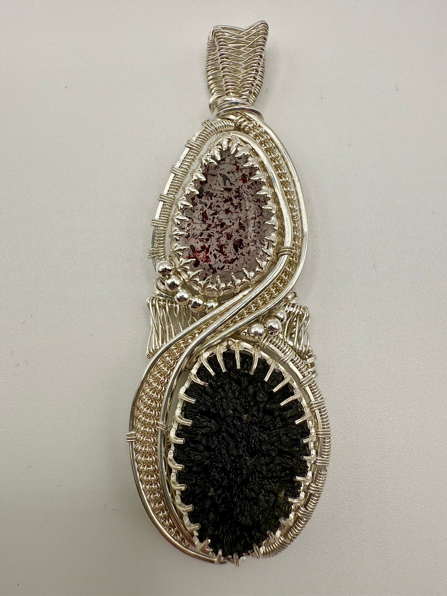 GG33) Large Moldavite & Super 7 Pendant NecklaceIn Sterling Silver