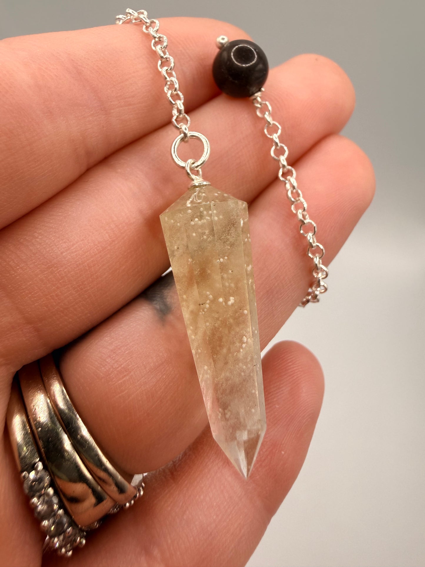 Libyan Desert Glass Pendulum With Agni Manitite Bead In Sterling Silver 17.65 crt