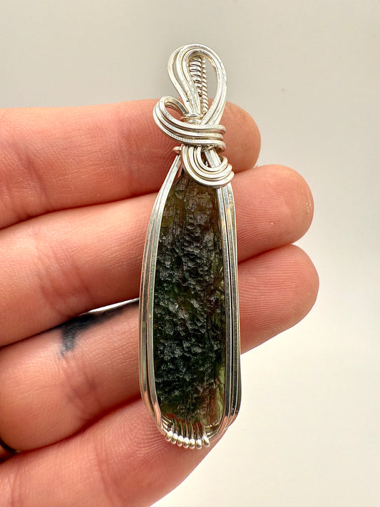 P112) Moldavite Pendant Necklace In Sterling Silver