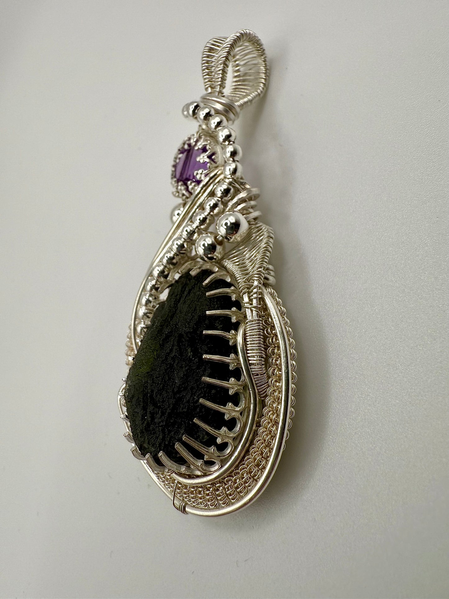 GG33) Moldavite & Amethyst Pendant Necklace In Sterling Silver
