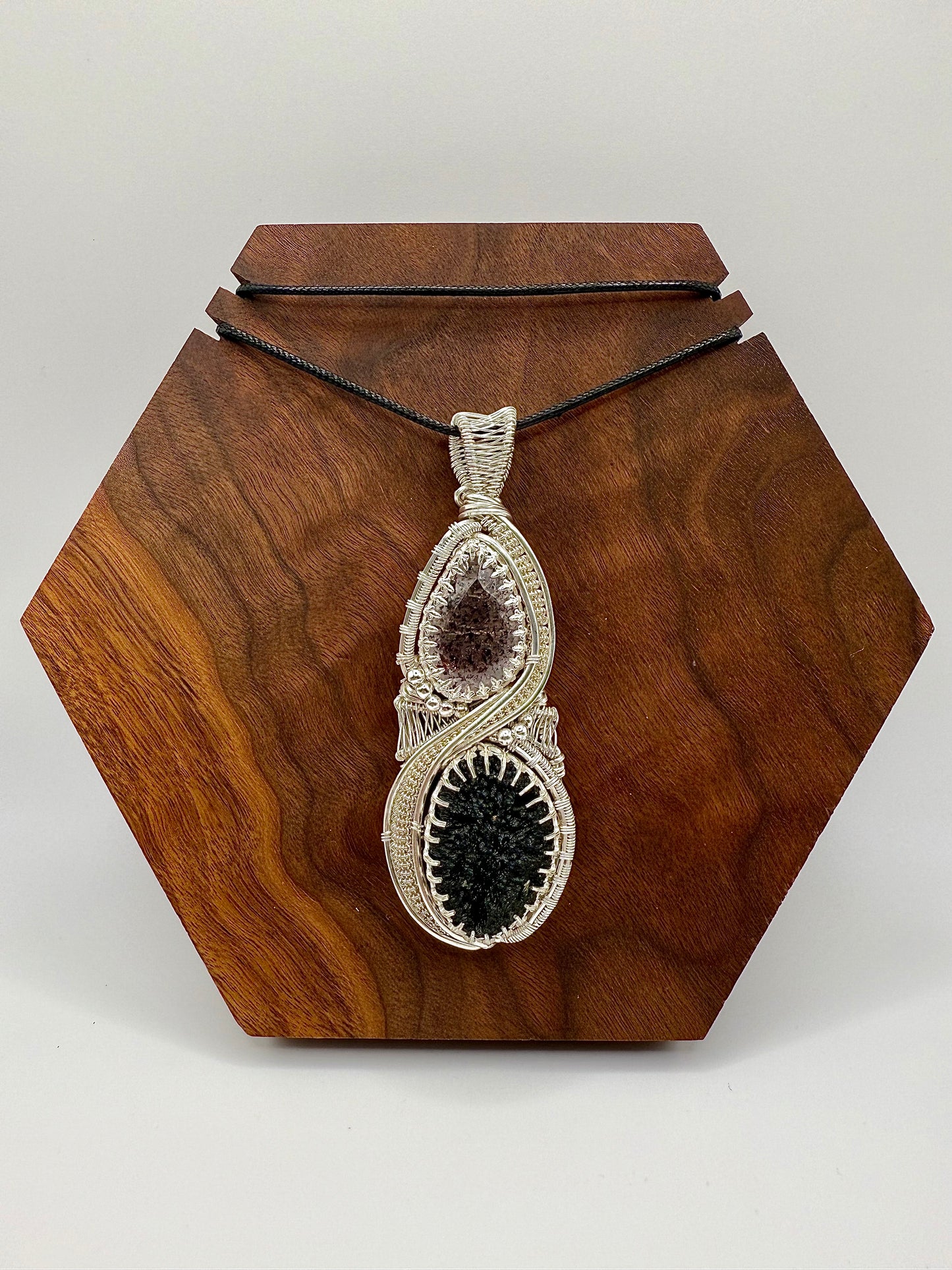 GG33) Large Moldavite & Super 7 Pendant NecklaceIn Sterling Silver