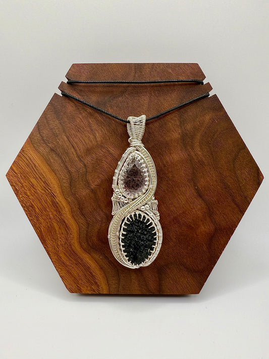 GG33) Large Moldavite & Super 7 Pendant NecklaceIn Sterling Silver