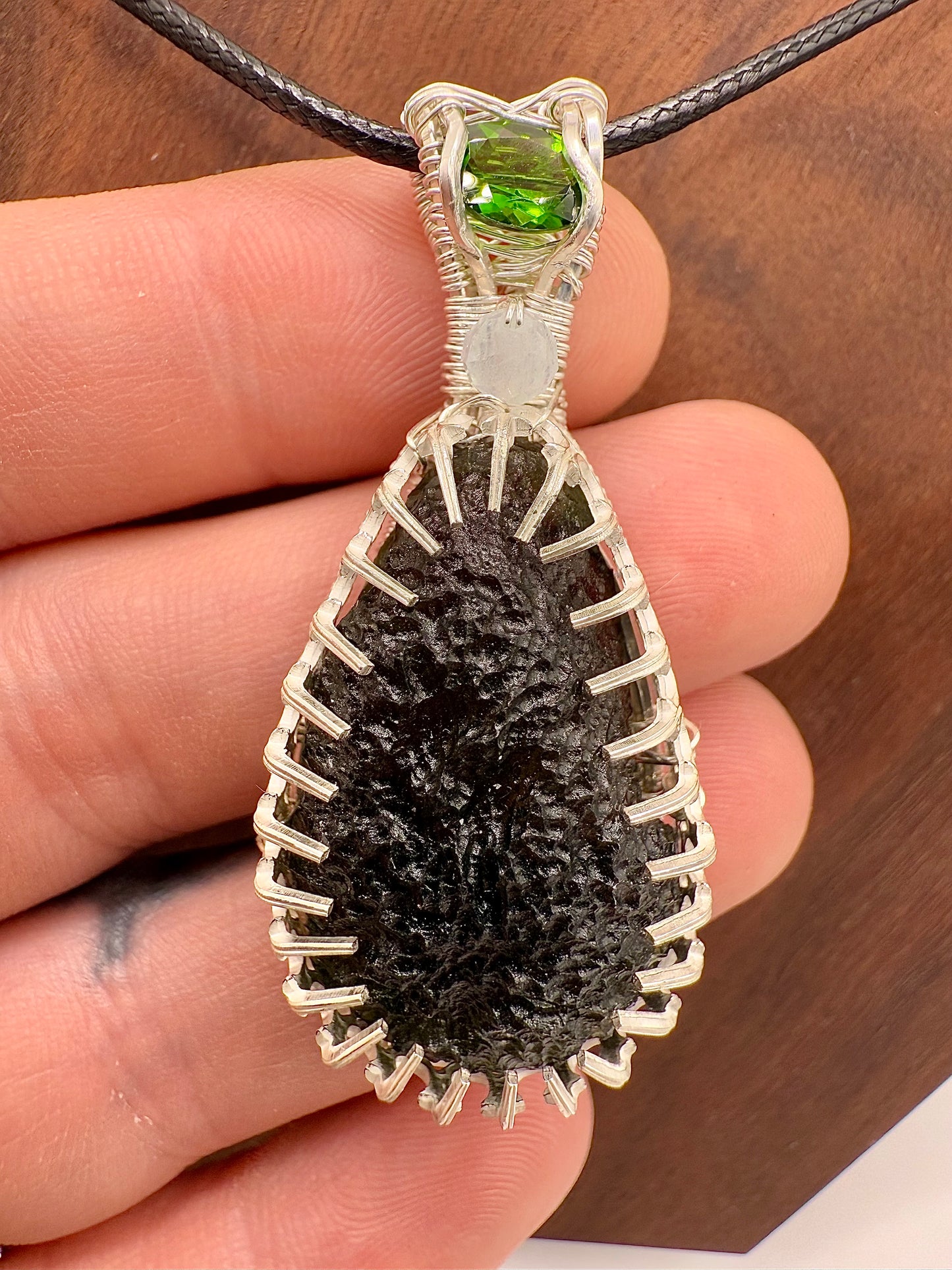 C112) Moldavite, Chrome Diopside, Aquamarine Bead, Pendant Necklace In Sterling Silver