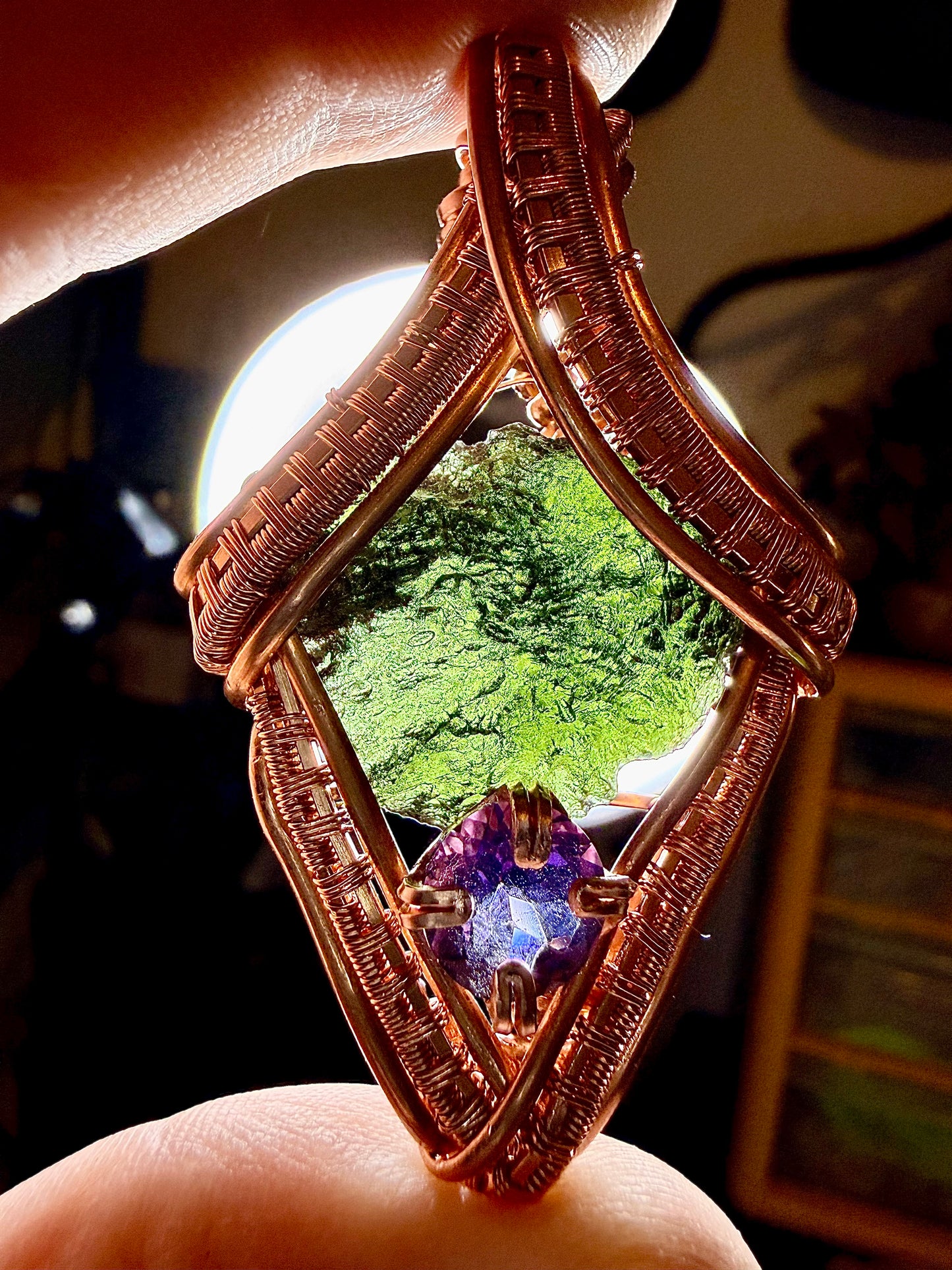 1MSS) Moldavite & Amethyst Pendant In Copper