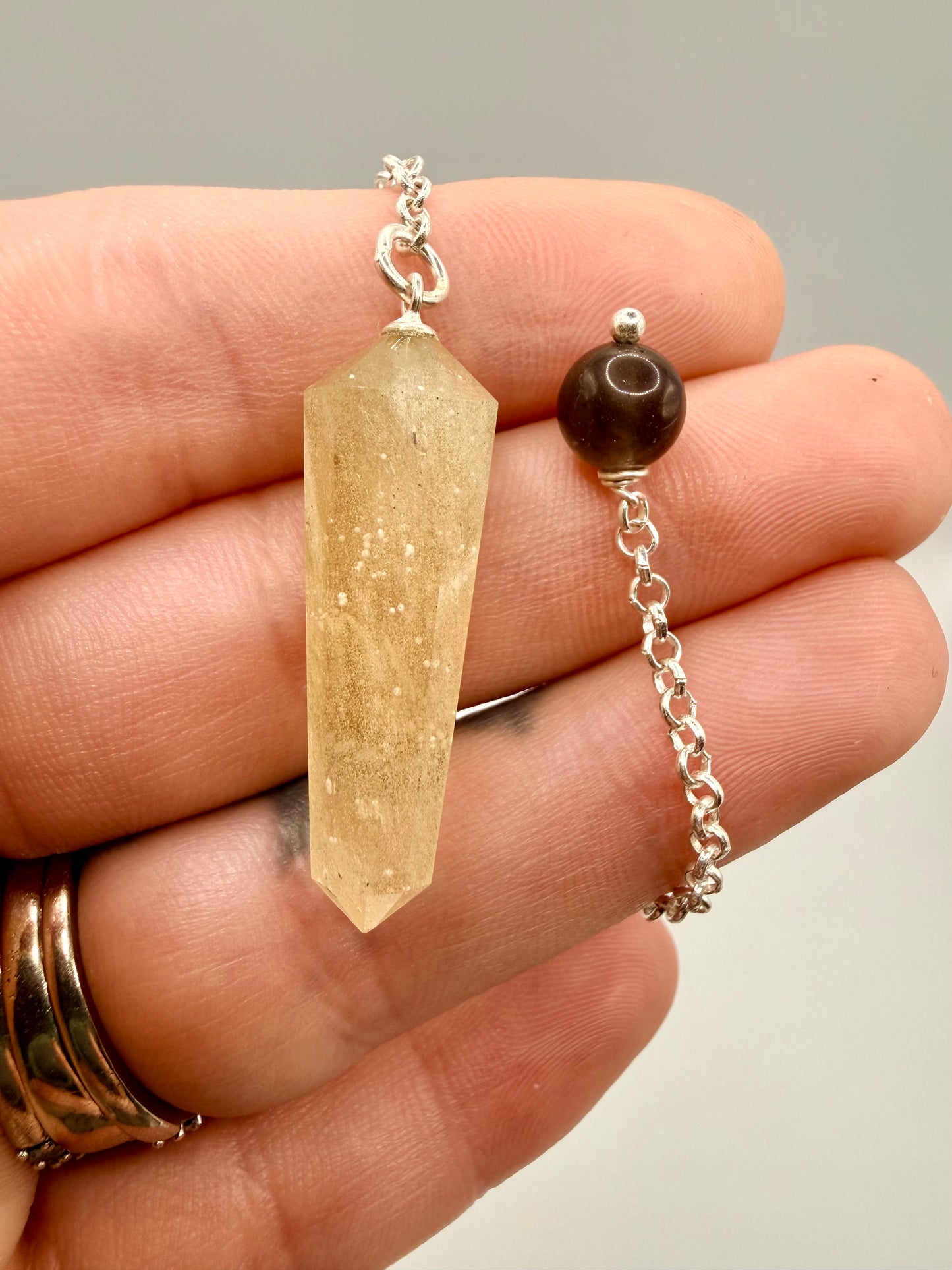 Libyan Desert Glass Pendulum With Agni Manitite Bead In Sterling Silver