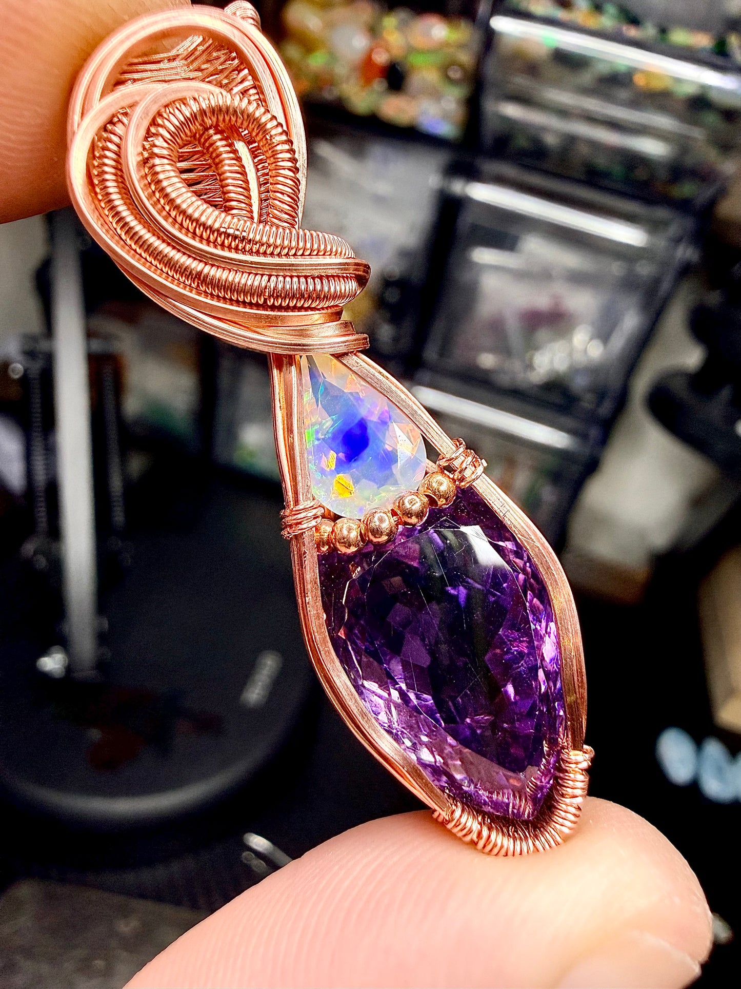Large Amethyst & Opal Pendant In Copper