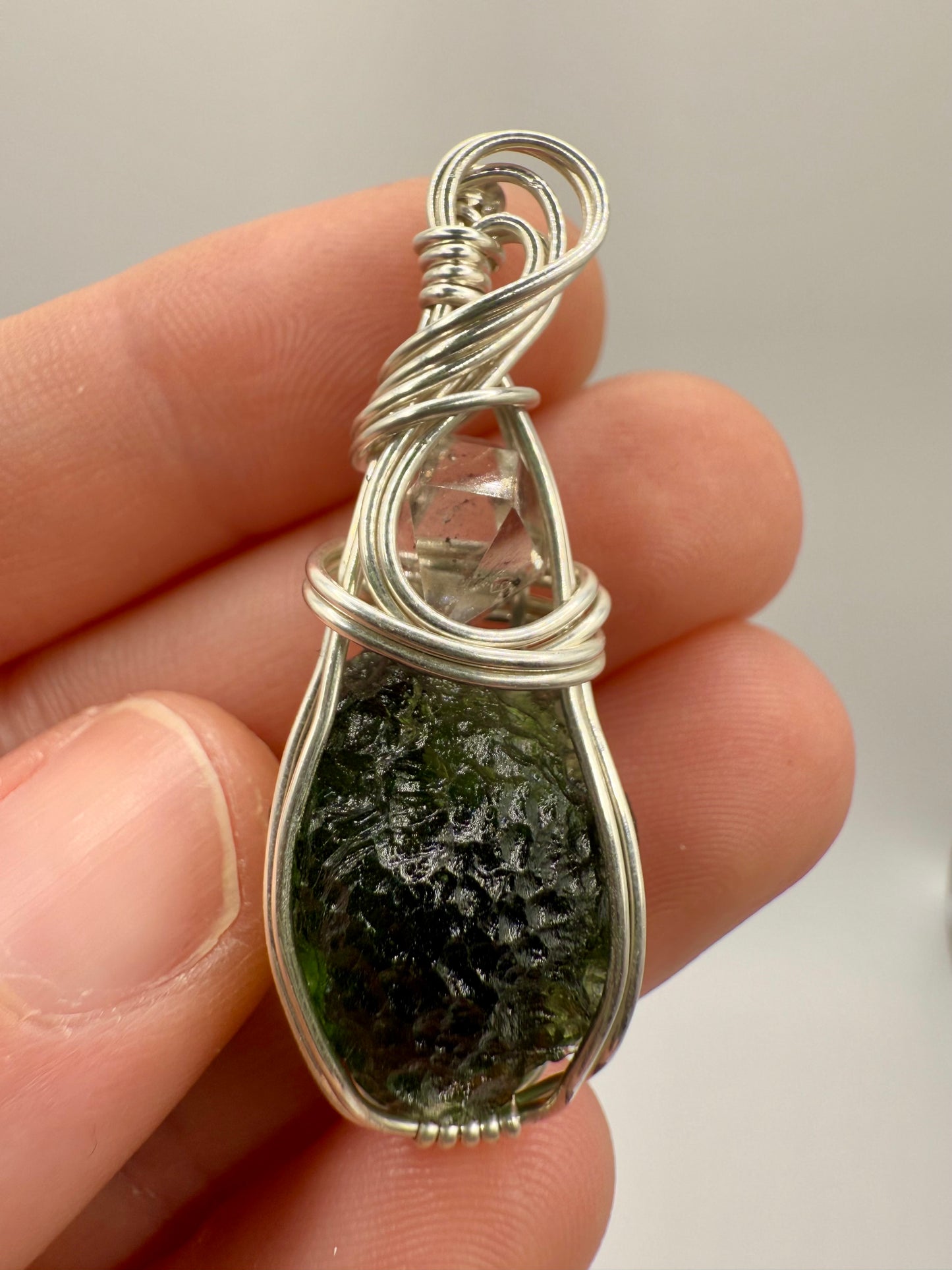 C11) Chlum Moldavite & Herkimer Diamond Pendant Necklace In Sterling Silver