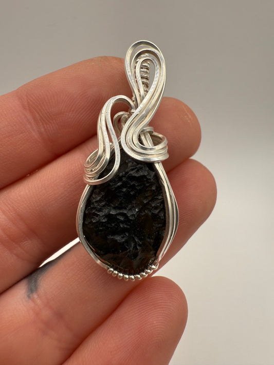 P112) Moldavite Pendant Necklace In Sterling Silver