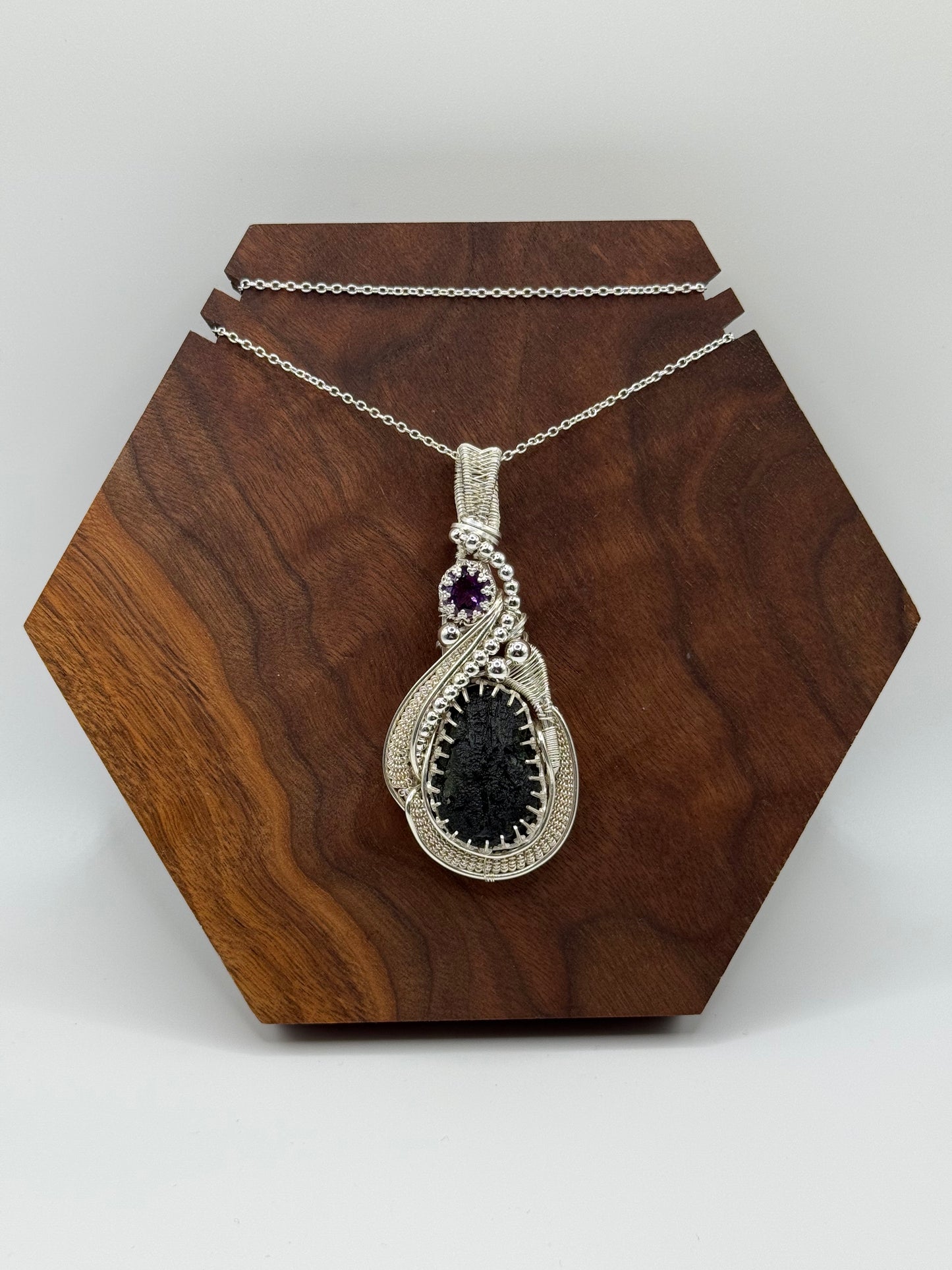 GG33) Moldavite & Amethyst Pendant Necklace In Sterling Silver