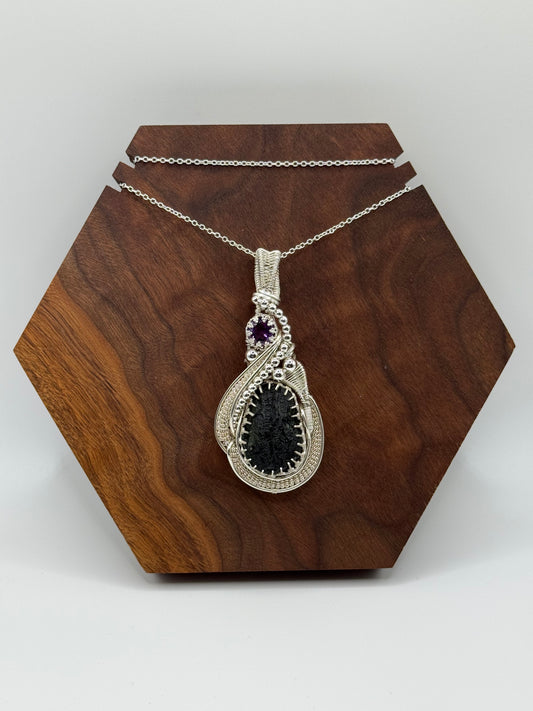 GG33) Moldavite & Amethyst Pendant Necklace In Sterling Silver