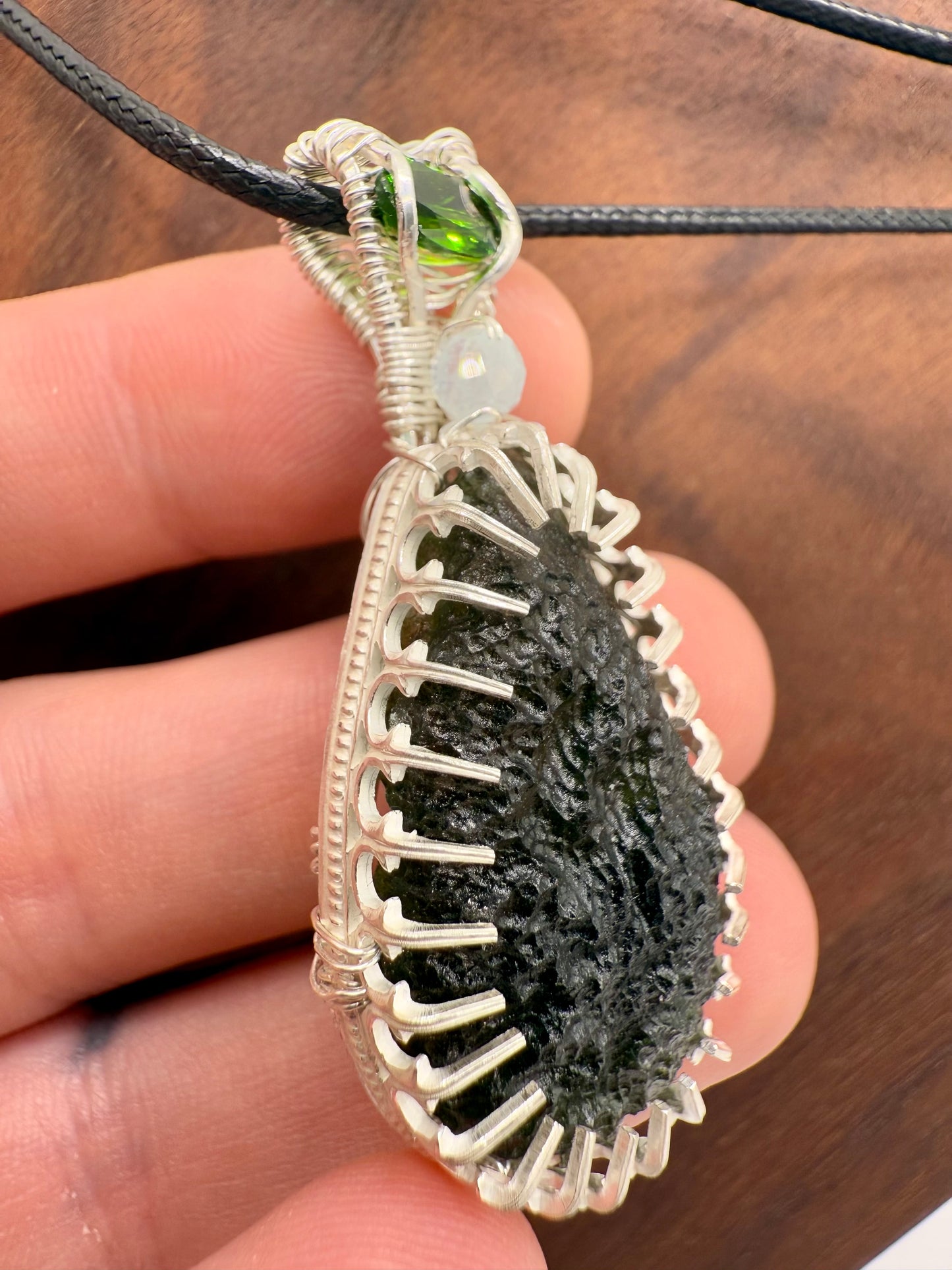 C112) Moldavite, Chrome Diopside, Aquamarine Bead, Pendant Necklace In Sterling Silver