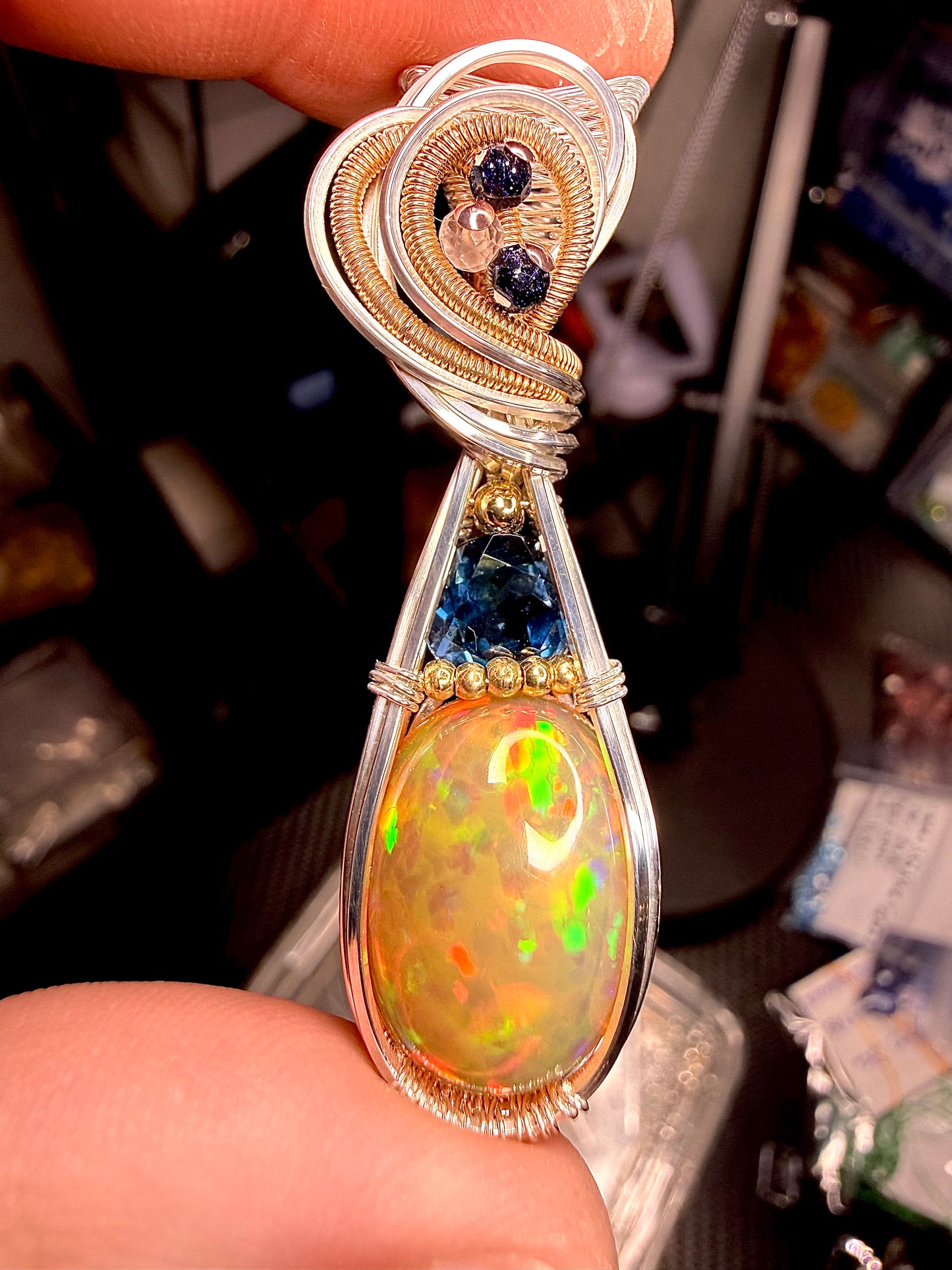 Opal & London Blue Topaz With Blue Goldstone & Clear Quartz Accents In Three Metals Silver, 14k GF, & Copper accents.