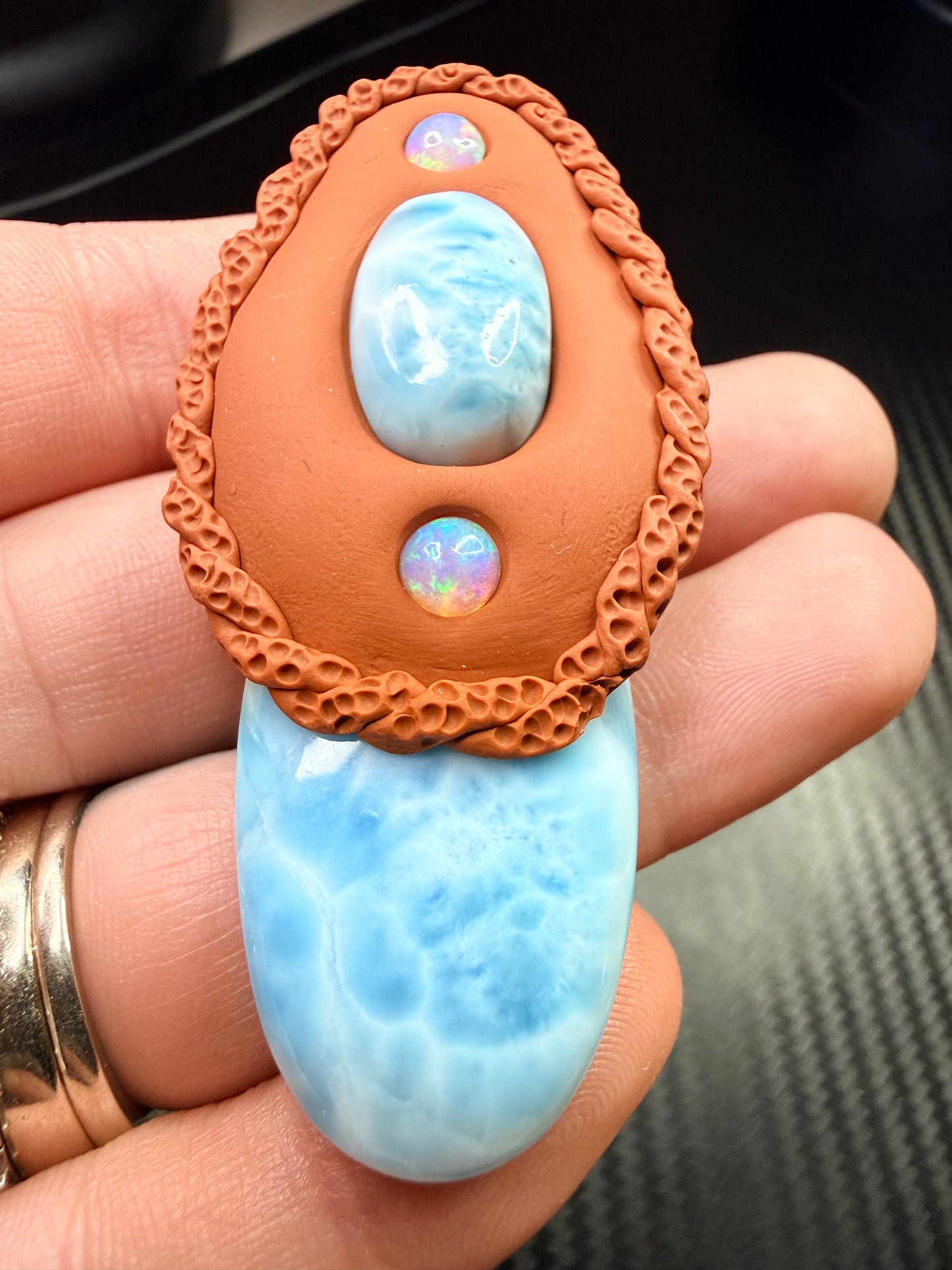 Larimar & Opal Flow Talisman Necklace | Double Larimar Pendant | Spiritual Alignment Jewelry | Handmade Clay Amulet | Ocean Energy Crystal Necklace