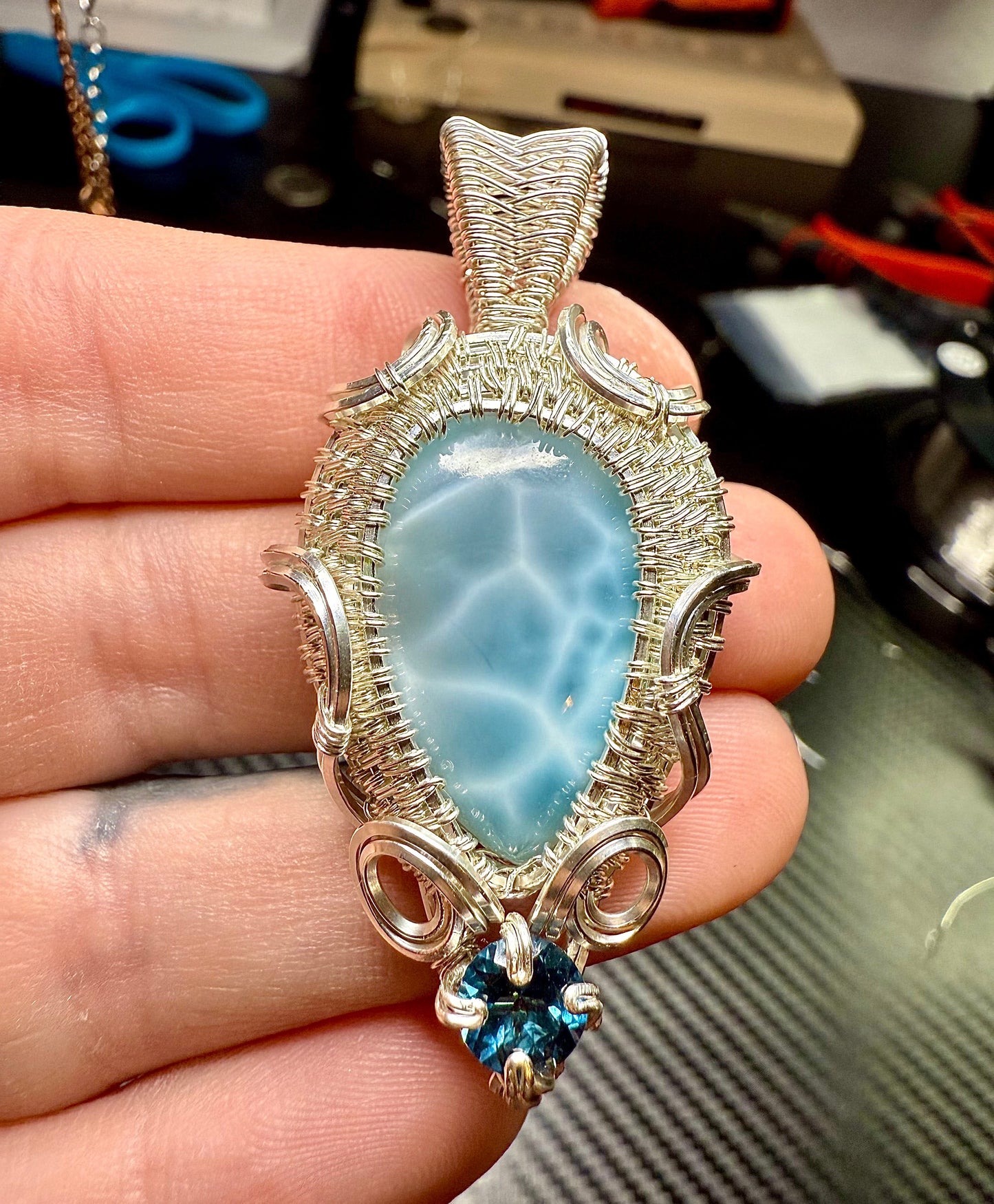 G112) Natural Larimar & London Blue Topaz In Sterling Silver Pendant Necklace