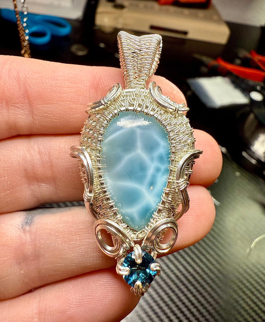 G112) Natural Larimar & London Blue Topaz In Sterling Silver Pendant Necklace
