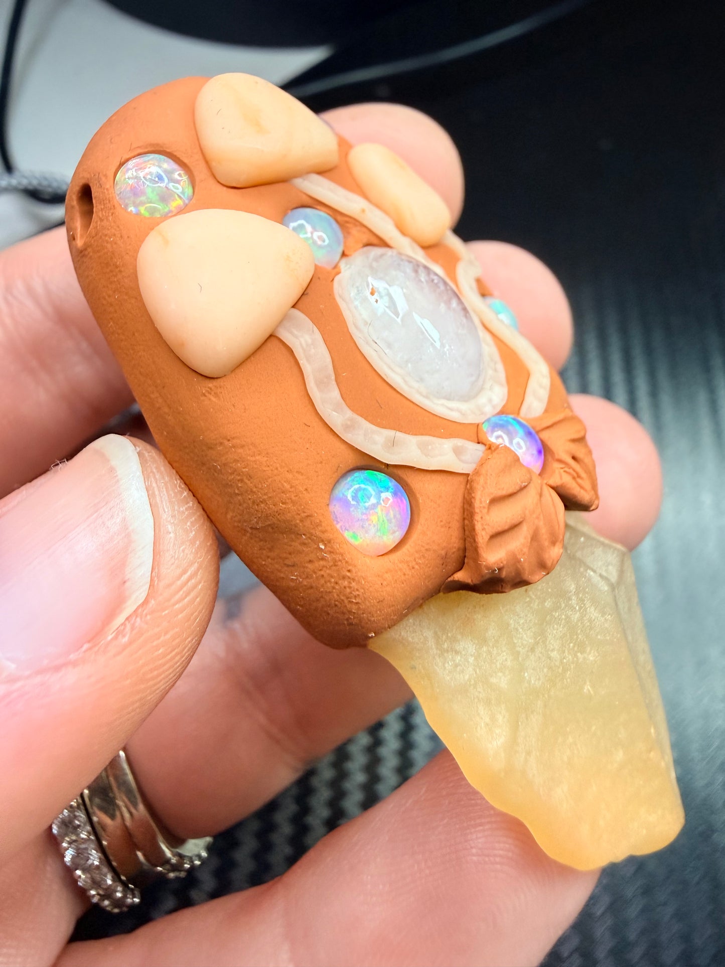 Libyan Desert Glass, Moonstone & Ethiopian Opal Clay Talisman – Handmade Spiritual Amulet – Solar Energy, Intuition & Divine Flow