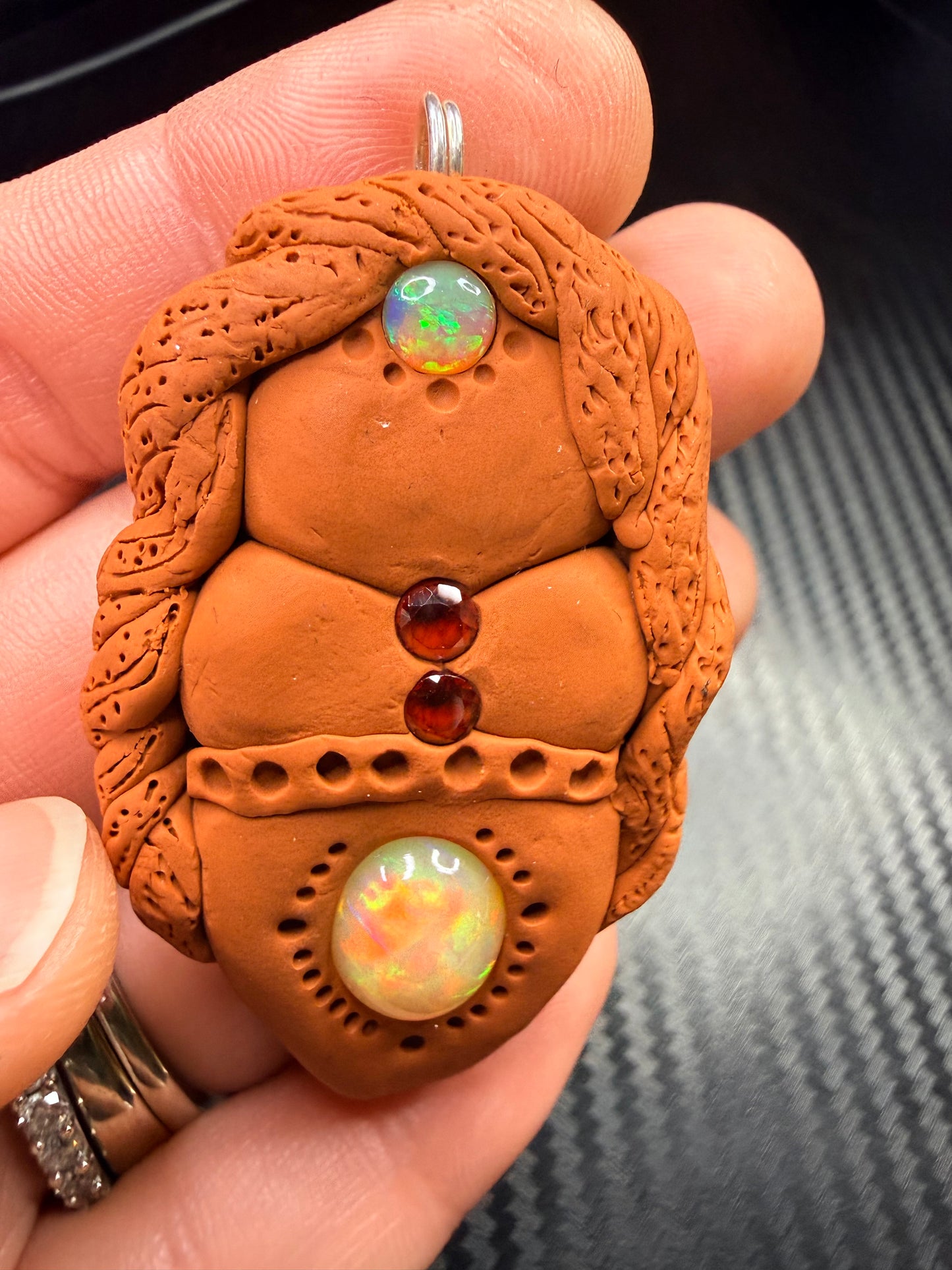 Goddess Talisman Necklace | Opal & Garnet Crystal Pendant | Divine Feminine Jewelry | Handmade Clay Spiritual Amulet | Passion & Heart Energy