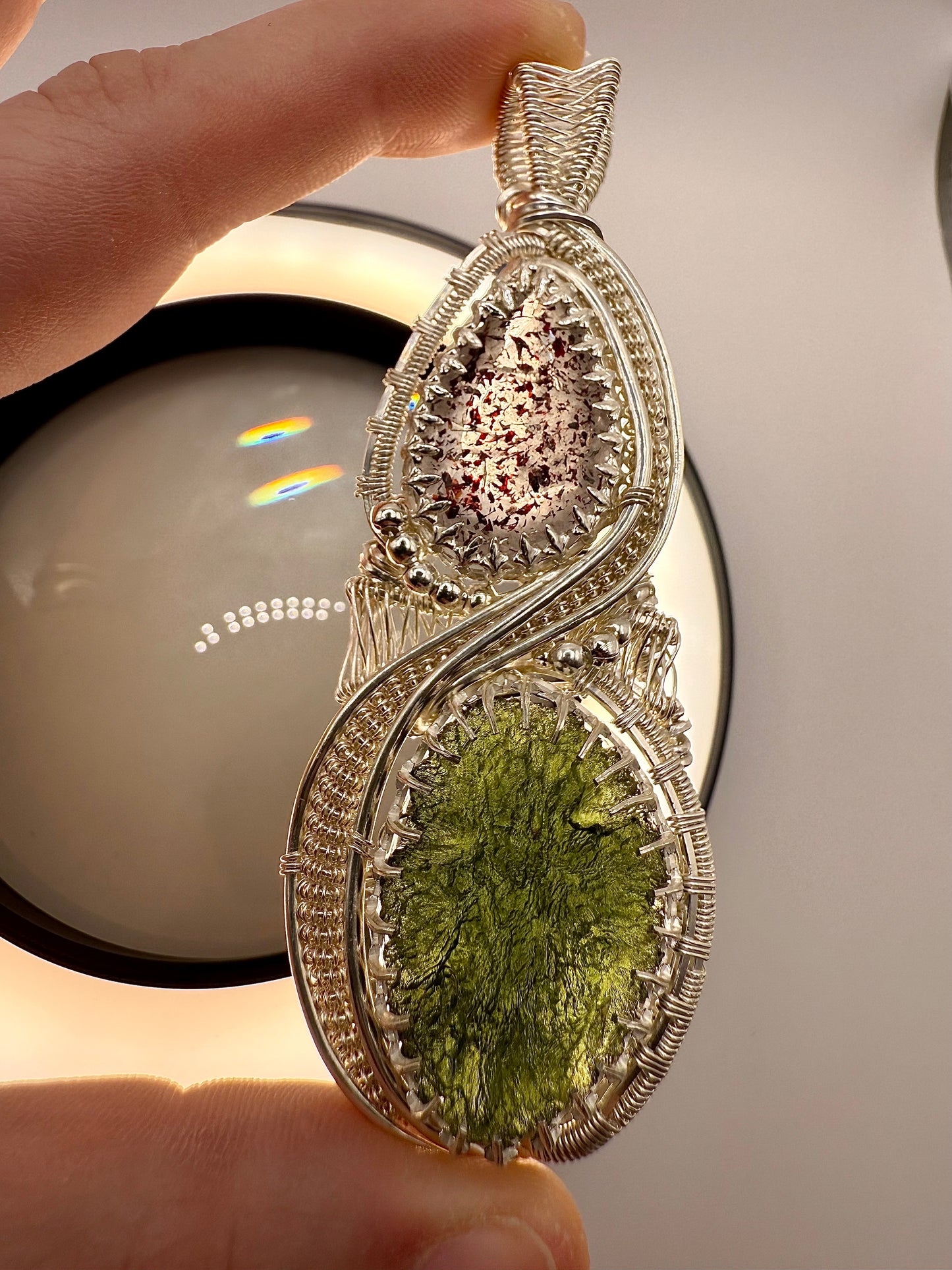 GG33) Large Moldavite & Super 7 Pendant NecklaceIn Sterling Silver