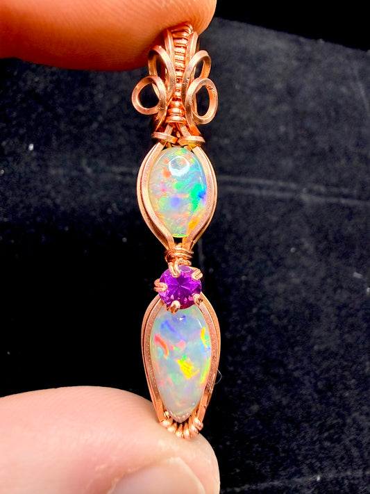 Double Ethiopian Welo Opal & Comeria Garnet Pendant In Copper