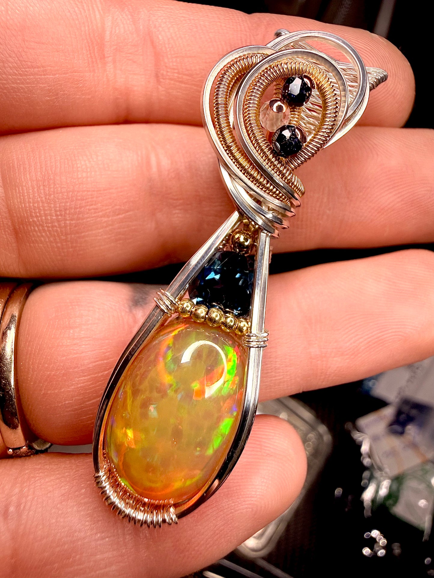 Opal & London Blue Topaz With Blue Goldstone & Clear Quartz Accents In Three Metals Silver, 14k GF, & Copper accents.