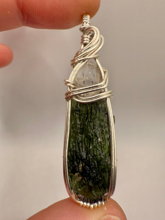 C11) Krasejovka Moldavite & Herkimer Diamond Pendant Necklace In Sterling Silver