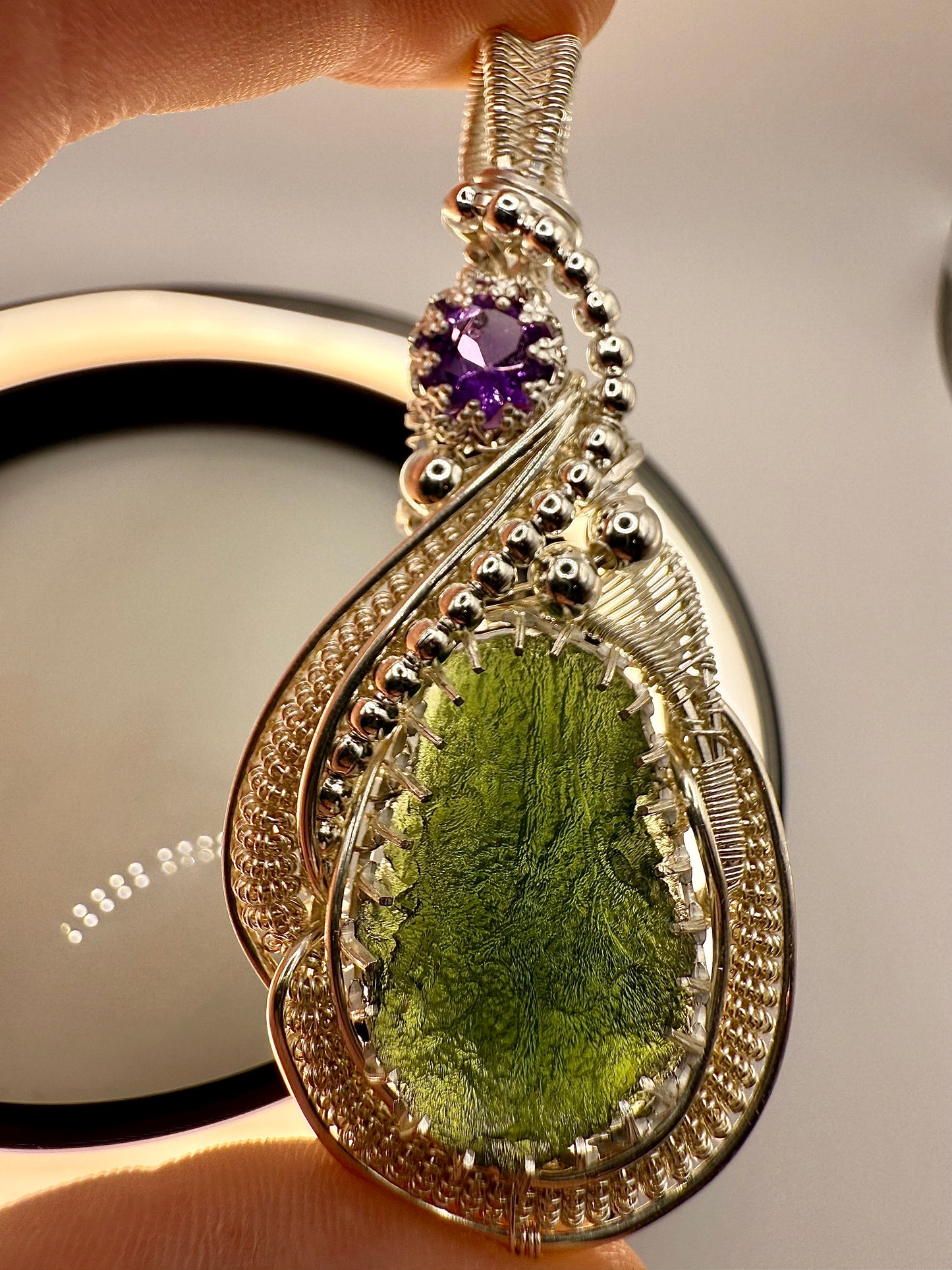 GG33) Moldavite & Amethyst Pendant Necklace In Sterling Silver