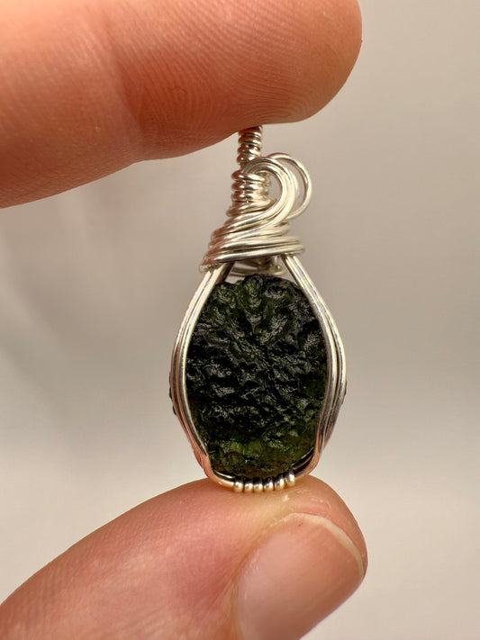 B112) Moldavite Pendant In Sterling Silver