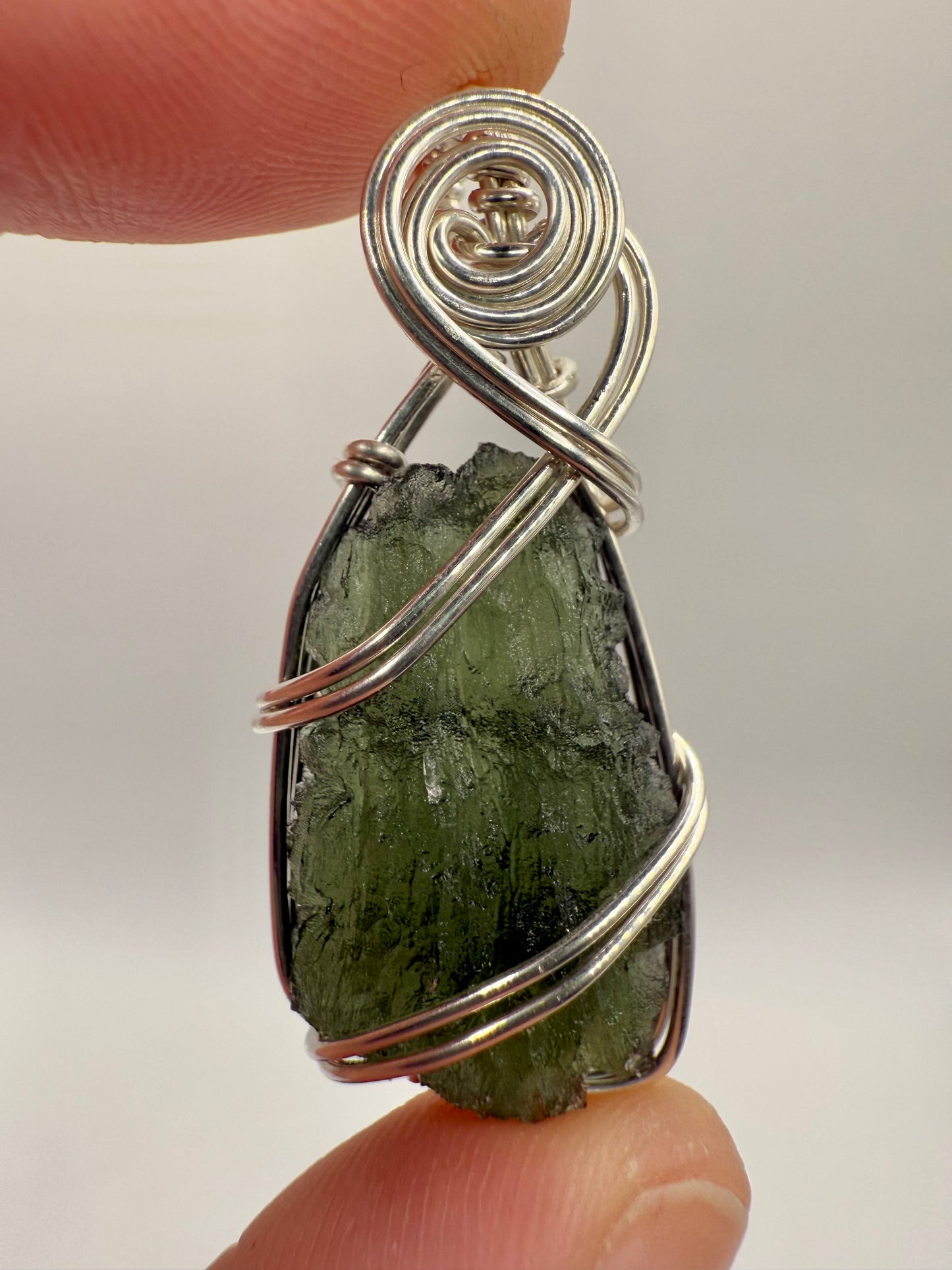 B112) Moldavite Pendant Necklace In Sterling Silver