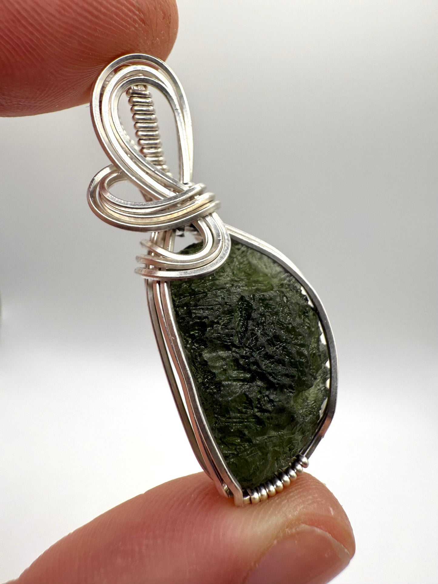 P112) Moldavite Pendant Necklace In Sterling Silver