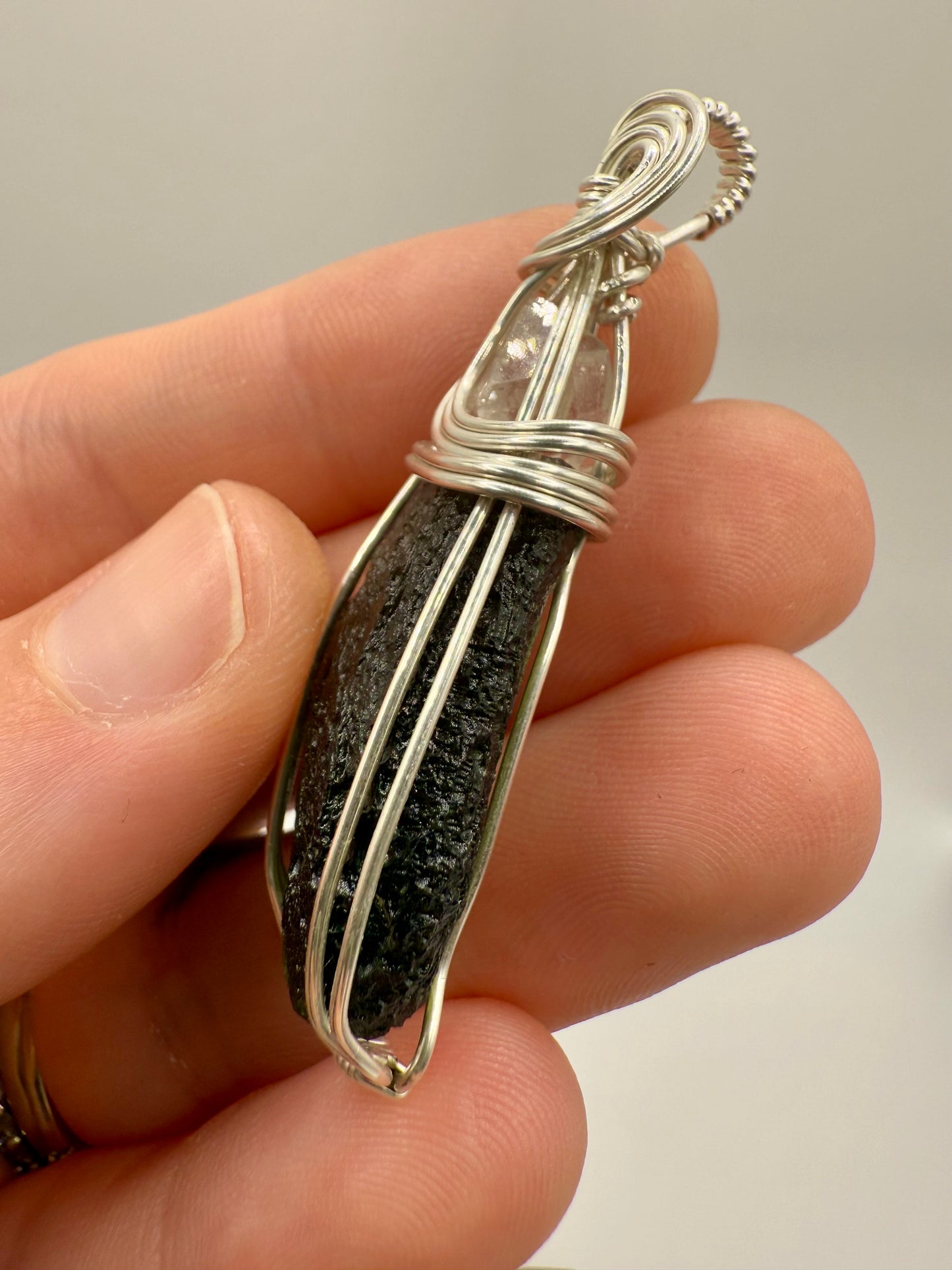 C11) Chlum Moldavite & Herkimer Diamond Pendant Necklace In Sterling Silver