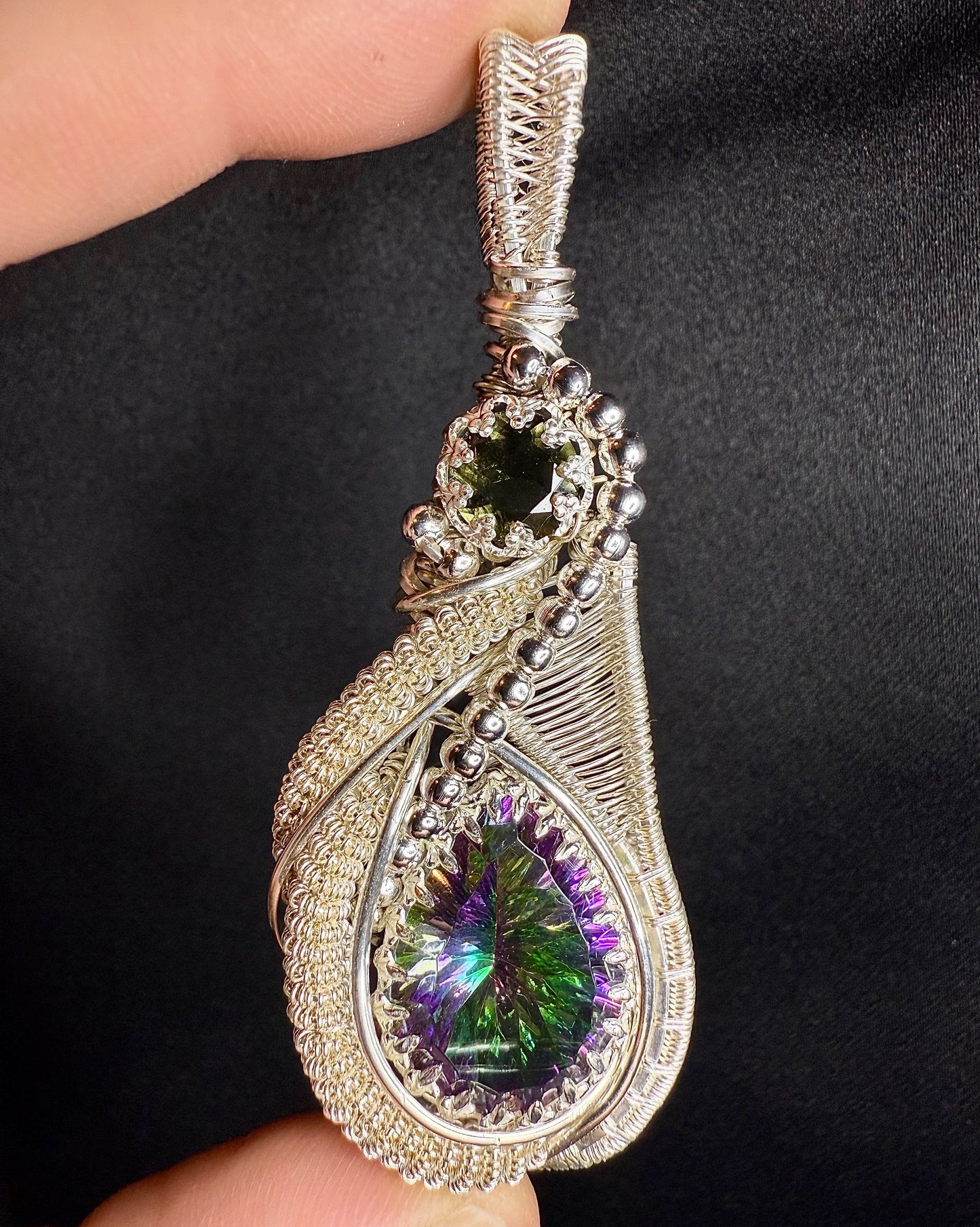 ZZ12) Mystic Topaz & Moldavite Pendant In Sterling Silver